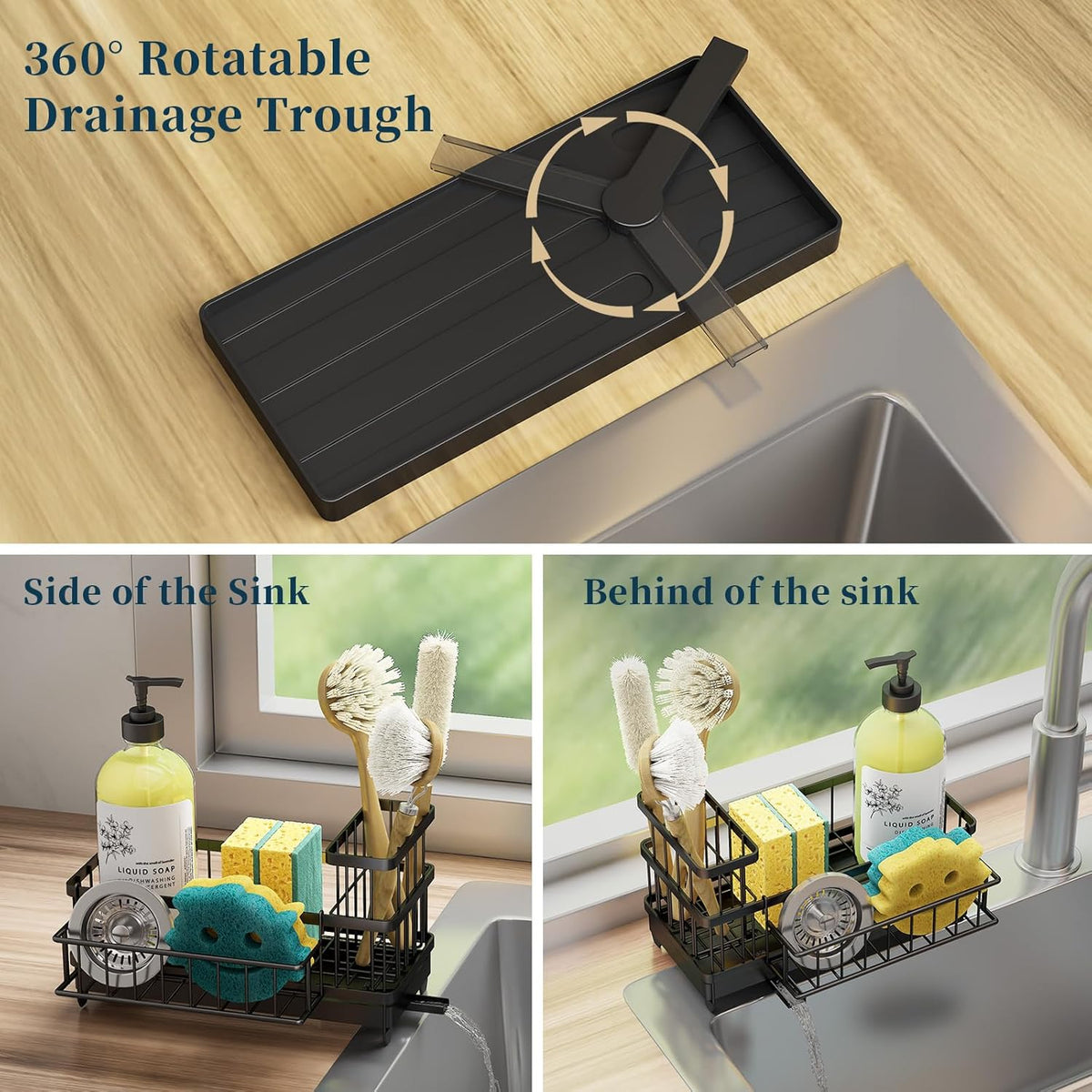 Consuemst Sponge Holder for Kitchen Sink - Auto Draining Sink Caddy Organizer with Detachable Rack