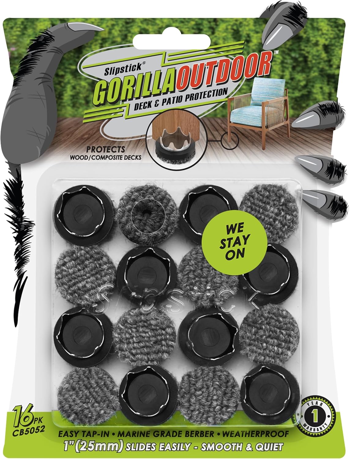 GorillaOutdoor 1 inch Round Furniture Feet Floor Protectors/Weatherproof Berber Glides for
