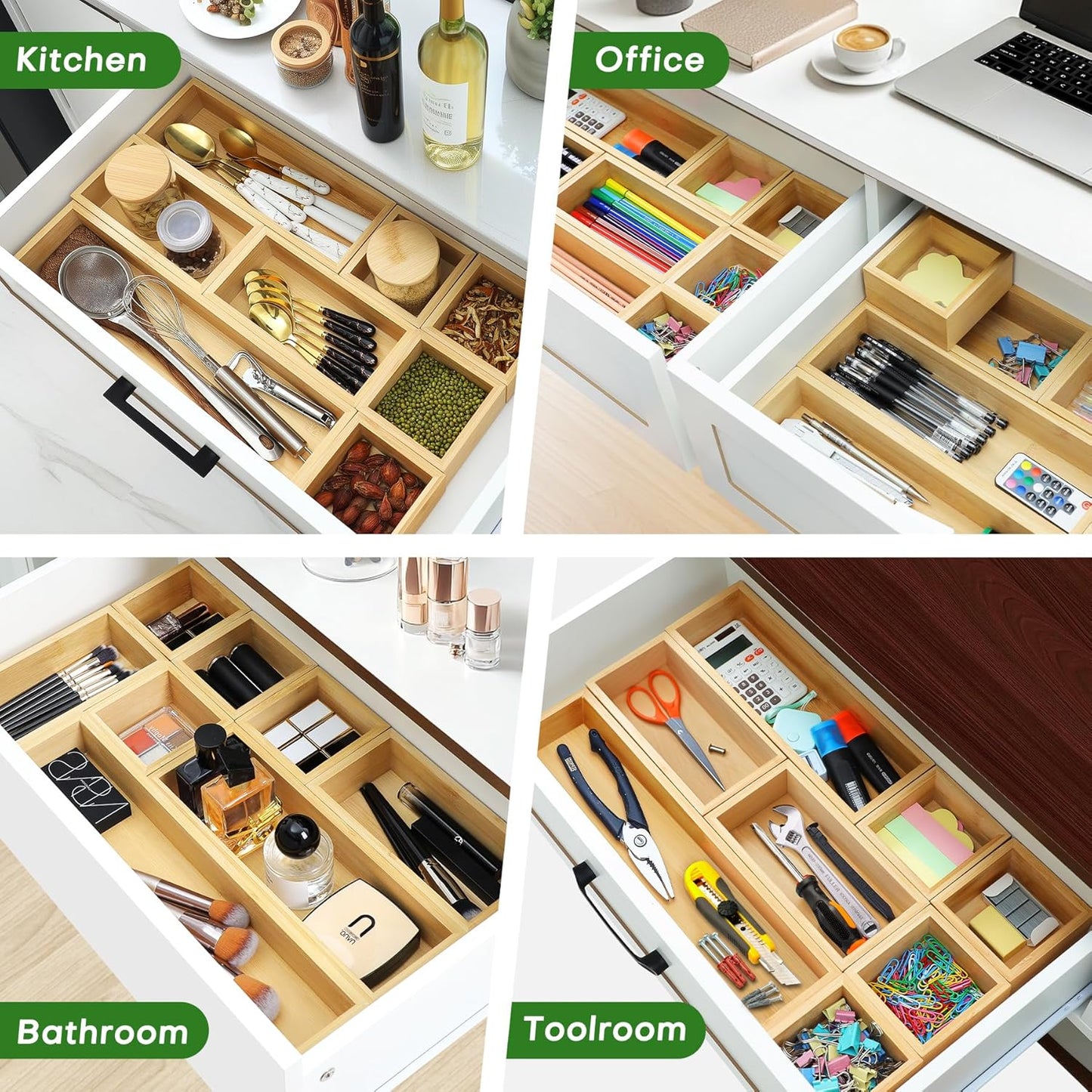 Bamboo Drawer Organizer Set, 9 PCS Multi-Use Individual Wood Storage Organizers, Junk Drawer