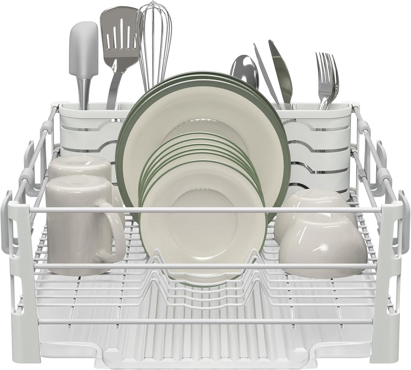 SIMPLE HOUSEWARE White Dish Drying Rack with Drainboard, Utensil Holder & Mug Hooks – Metal Kitchen
