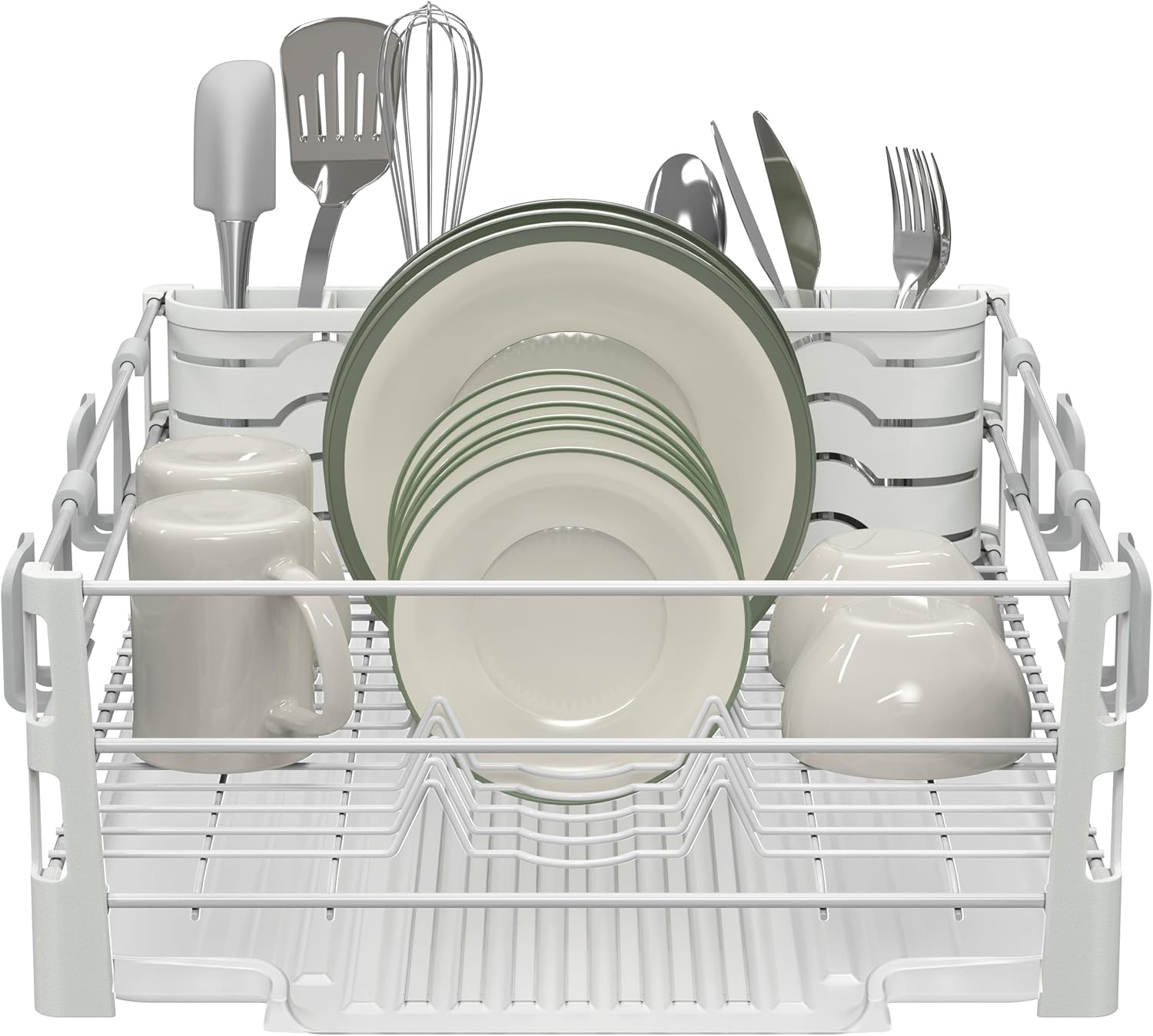 SIMPLE HOUSEWARE White Dish Drying Rack with Drainboard, Utensil Holder & Mug Hooks – Metal Kitchen