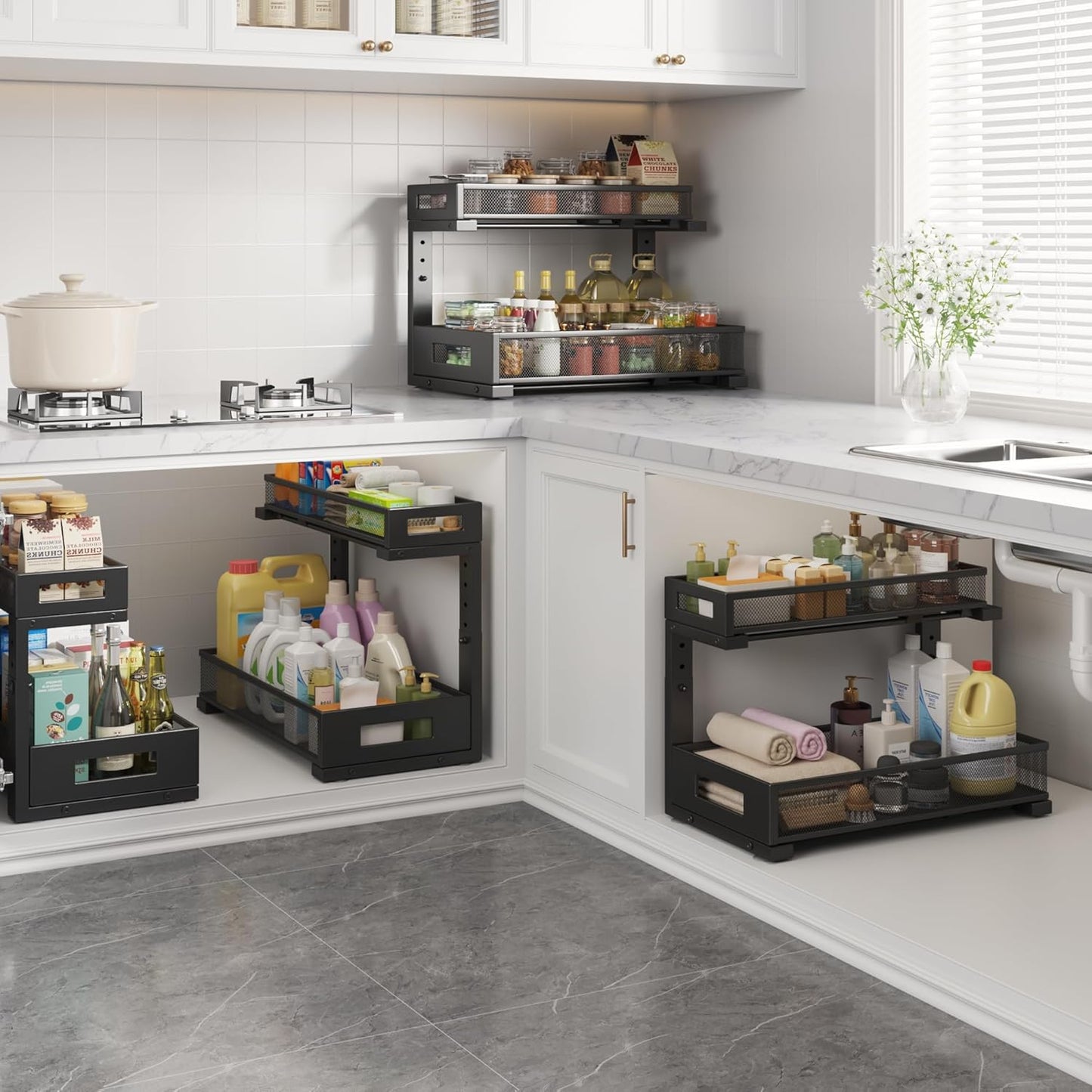 2 Pack 17IN Depth Under Sink Storage Organizer, Large 2-Tier Elegant Mesh Pull Out Shelf for