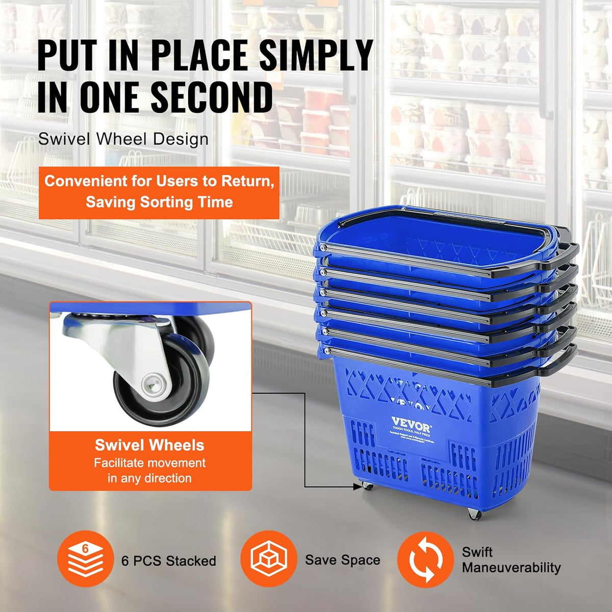VEVOR Shopping Carts with Handles, 6PCS, 39L Plastic Rolling Shopping Basket with Wheels, Large