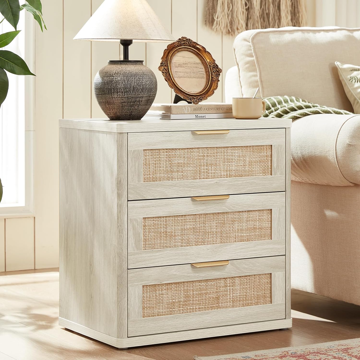 LEYAOYAO Rattan Night Stand with Drawers, 23" Large 3 Drawer Boho Nightstand, Grey White Bedside