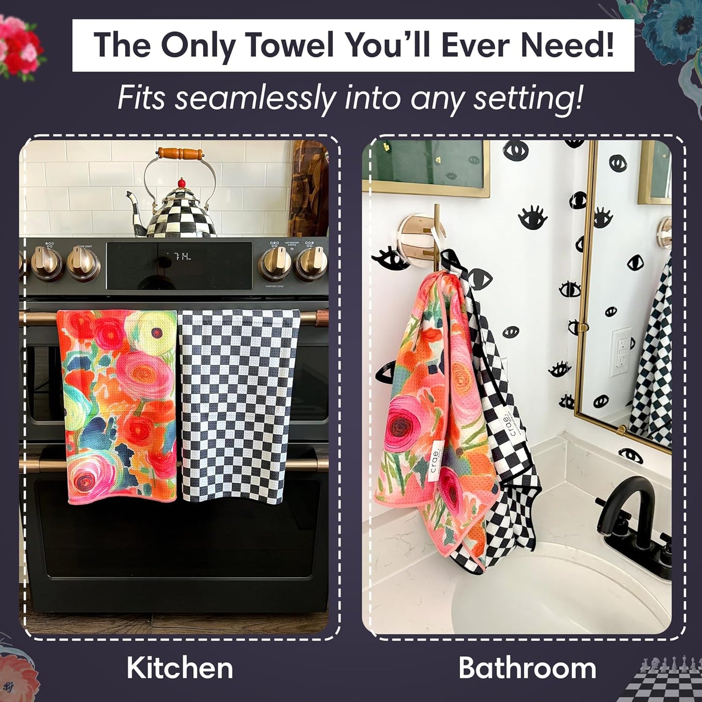 2 Double Sided Microfiber Hand Towels, 17x27 Inches Waffle Design Kitchen Towels Set, Durable &