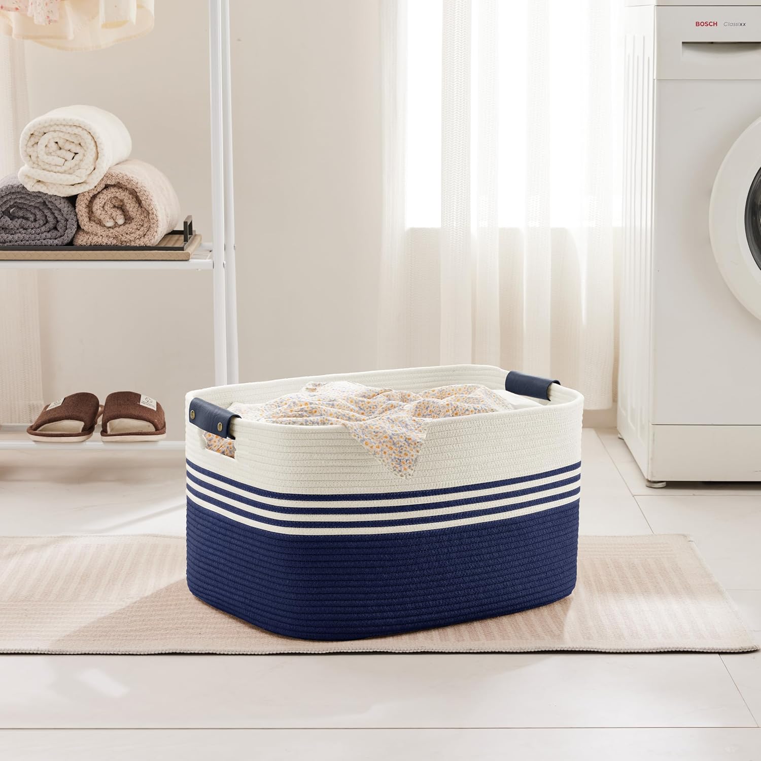 60L Large Laundry Basket with Leather Handles for Living Room Storage, Woven Rope Baskets Bin for