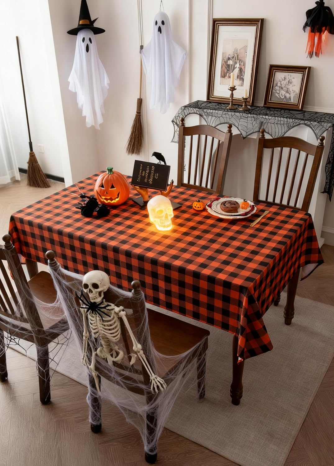 Orange Gingham Tablecloth Fabric - Oblong 58x120 Water Resistant Autumn Plaid Table Cloth for