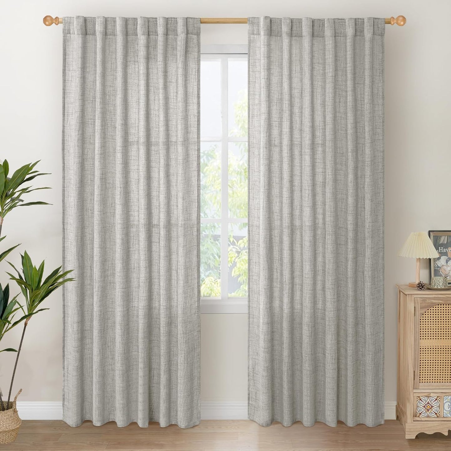 YoungsTex Dark Grey Linen Curtains 80 Inch Length for Living Room, Light Filtering Semi Sheer