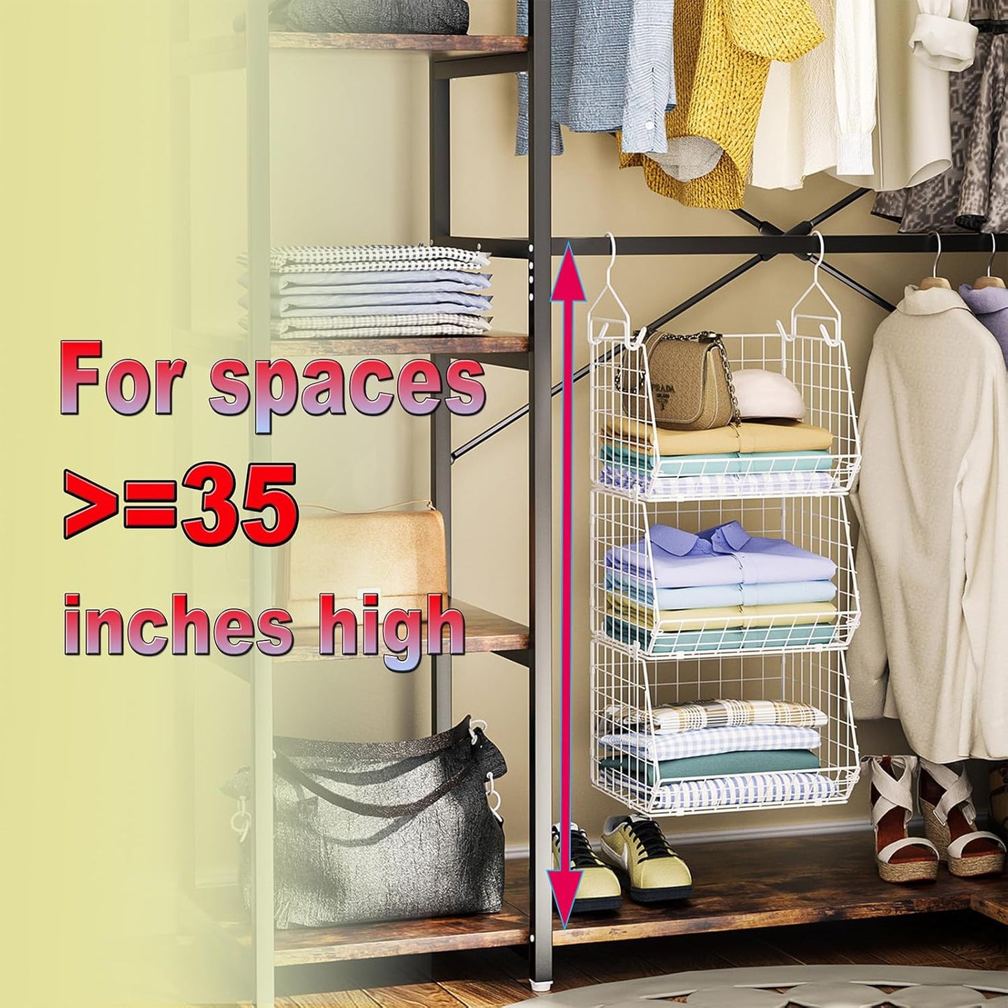 X-cosrack 3 Tier Foldable Closet Organizer, Clothes Shelves with 5 S Hooks, Wall Mount&Cabinet Wire