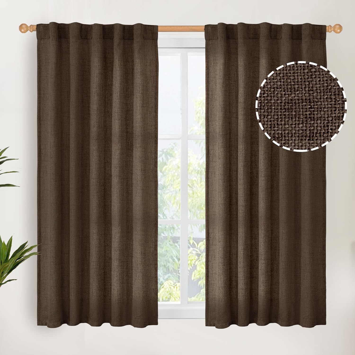 YoungsTex Brown Linen Curtains 45 Inches Long for Short Window, Back Tab Rod Pocket Chocolate