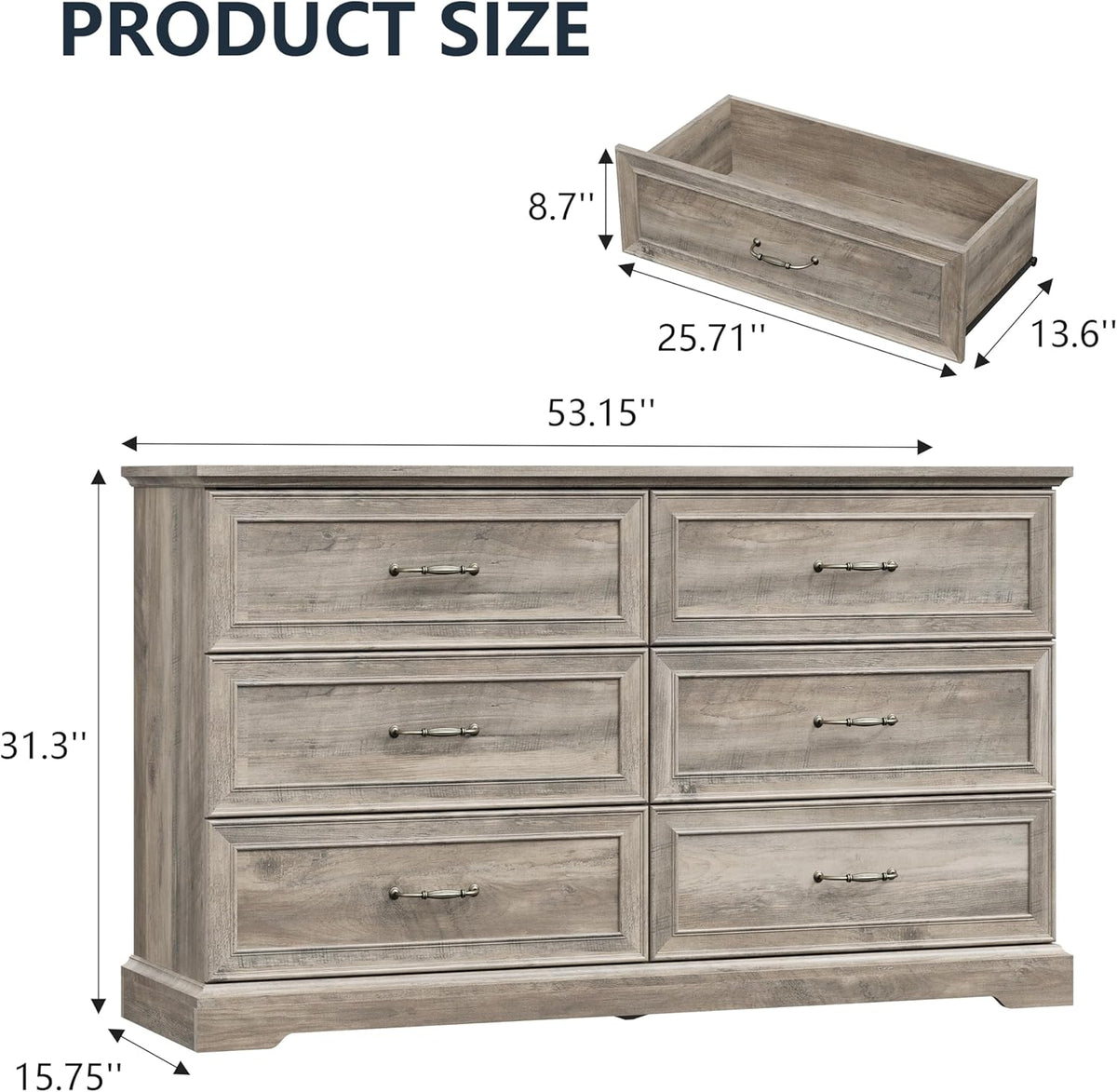 6 Drawer Dresser for Bedroom, 53" Wide Wooden Chest of Drawers, Rustic Farmhouse Dresser with Large
