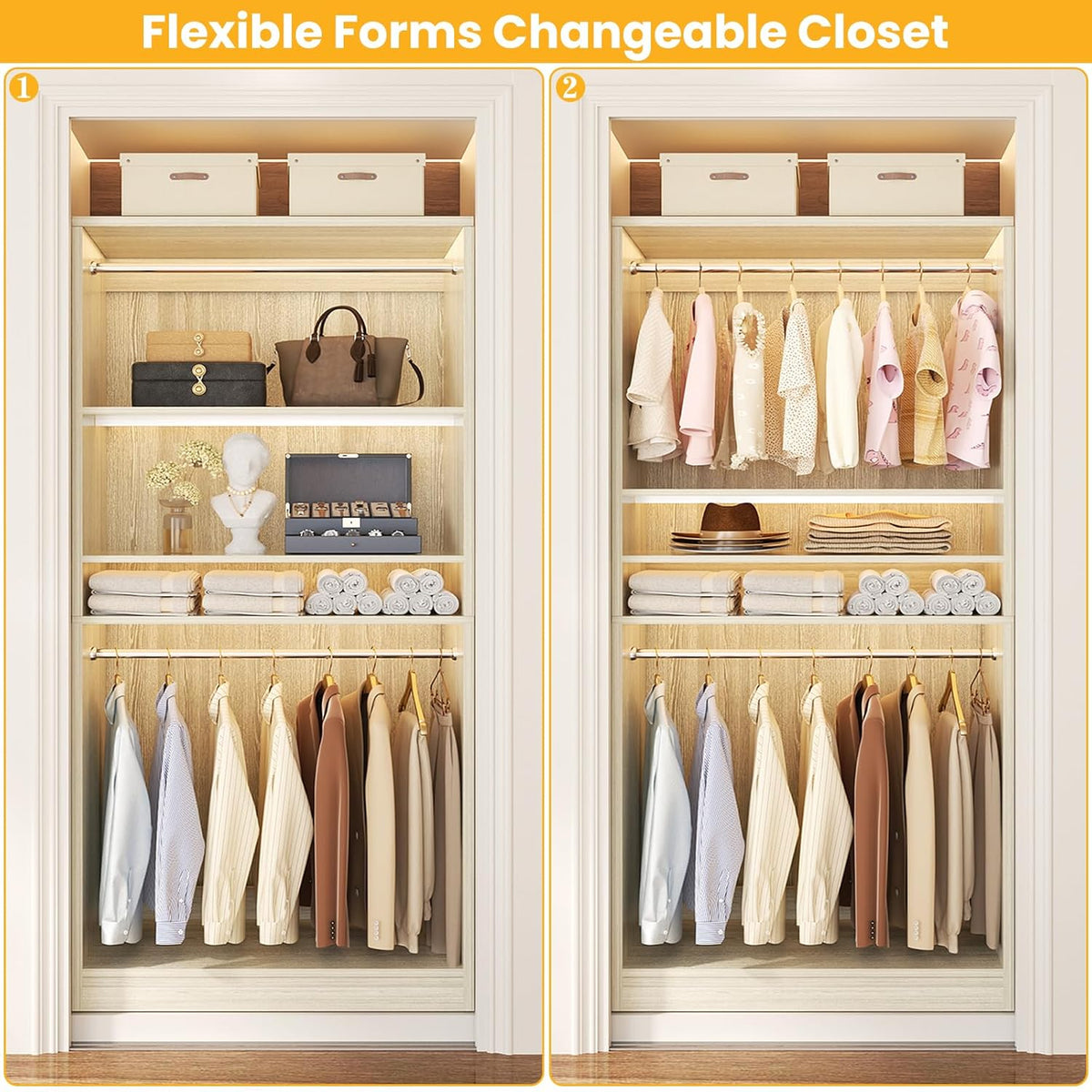 Unikito 3FT Freestanding Closet System with 2 Hanging Rods & Adjustable Shelve, 36'' Wood Closet