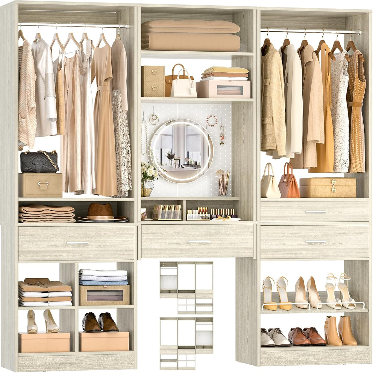 Unikito 75” Modular Closet System, Freestanding Closet Organizer with Hanging Rods, Drawers