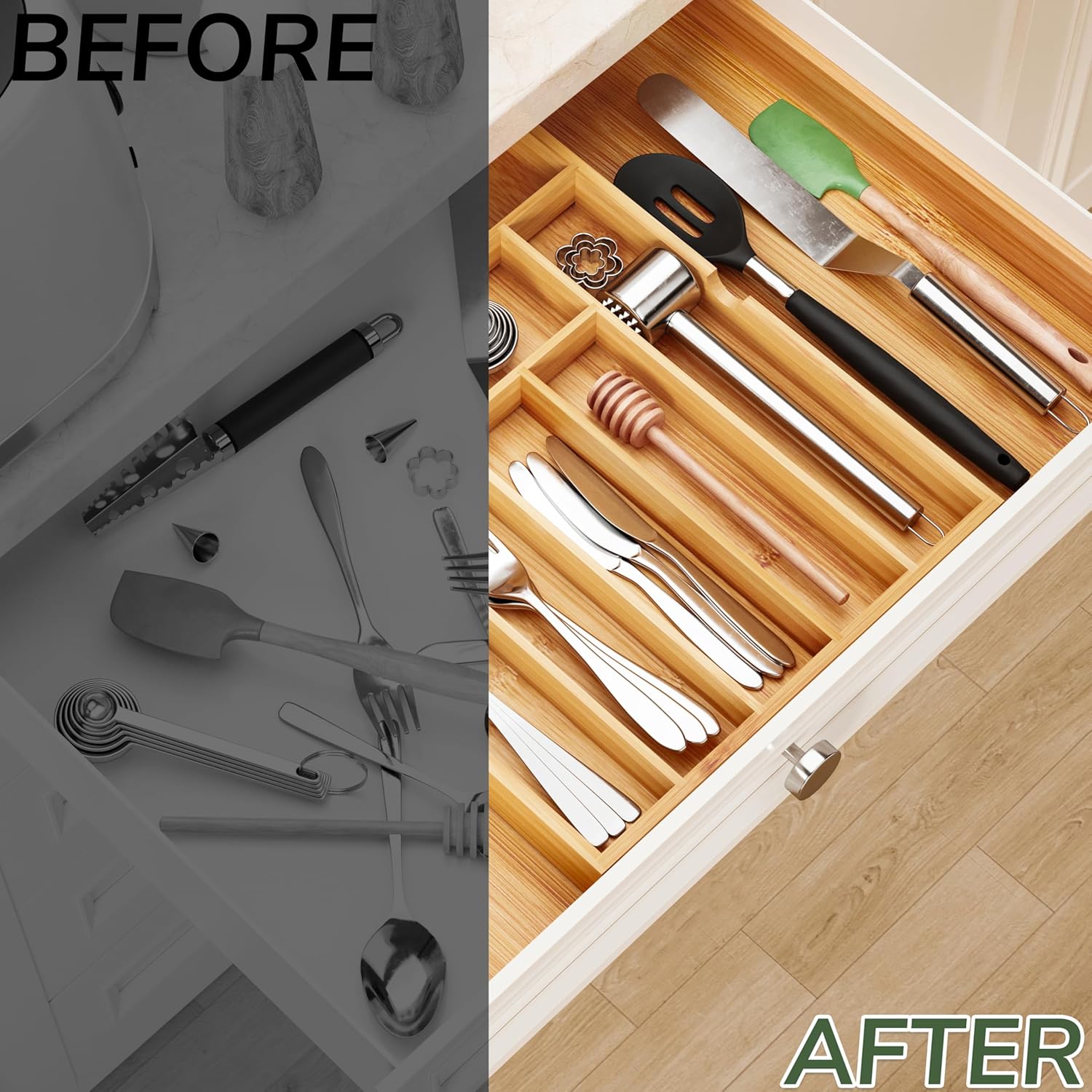 BAMEOS drawer organizer flatware organizer cutlery tray silverware organizer expandable adjustable
