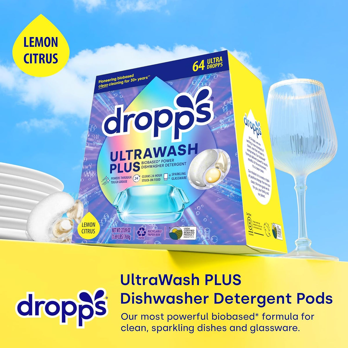 Dropps UltraWash Plus Dishwasher Detergent, Lemon Citrus (64 Pods) - Triple Action Biobased Power