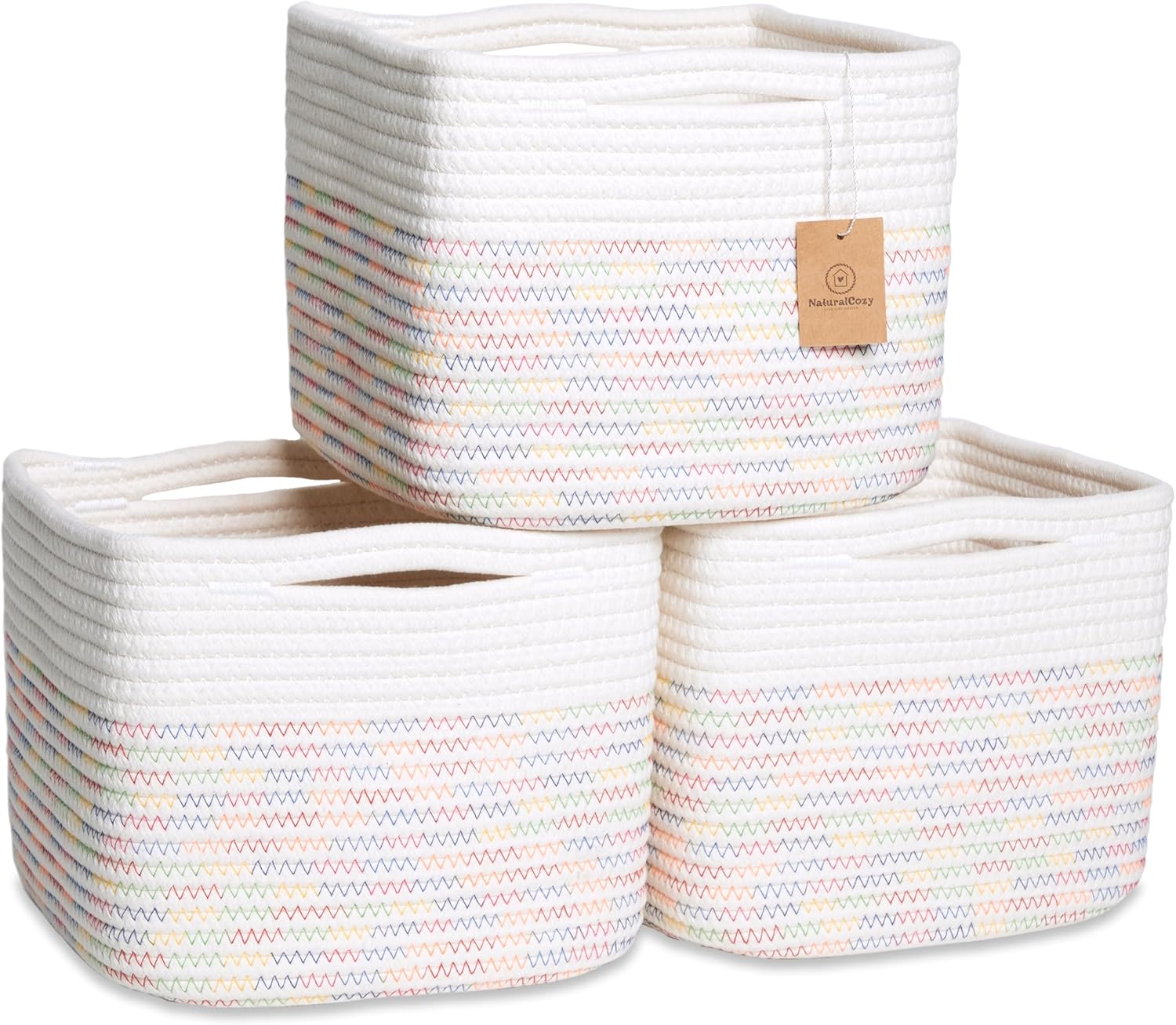 NaturalCozy Storage Cubes 9”x9”x7”Cotton Rope Woven Baskets for Organizing 3-Pack | 9 Inch Cube