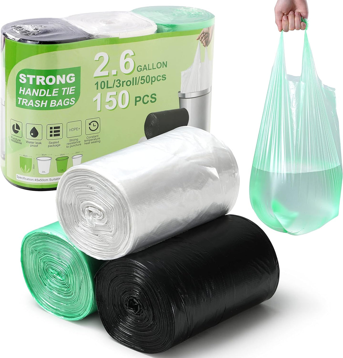 2.6 Gallon Trash Bag 150 Count, Unscented Strong Handle Tie Garbage Bags Fit 10 Litter Trash Can