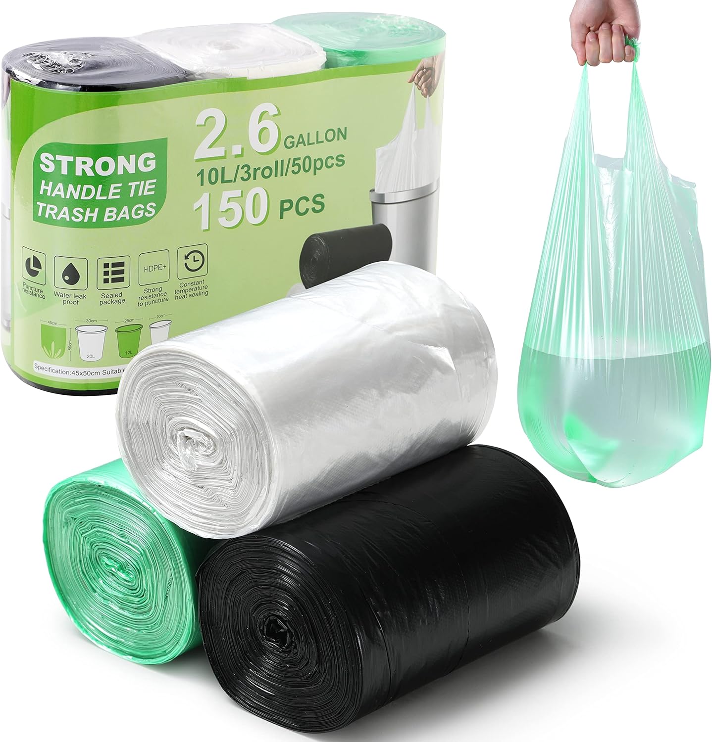 2.6 Gallon Trash Bag 150 Count, Unscented Strong Handle Tie Garbage Bags Fit 10 Litter Trash Can