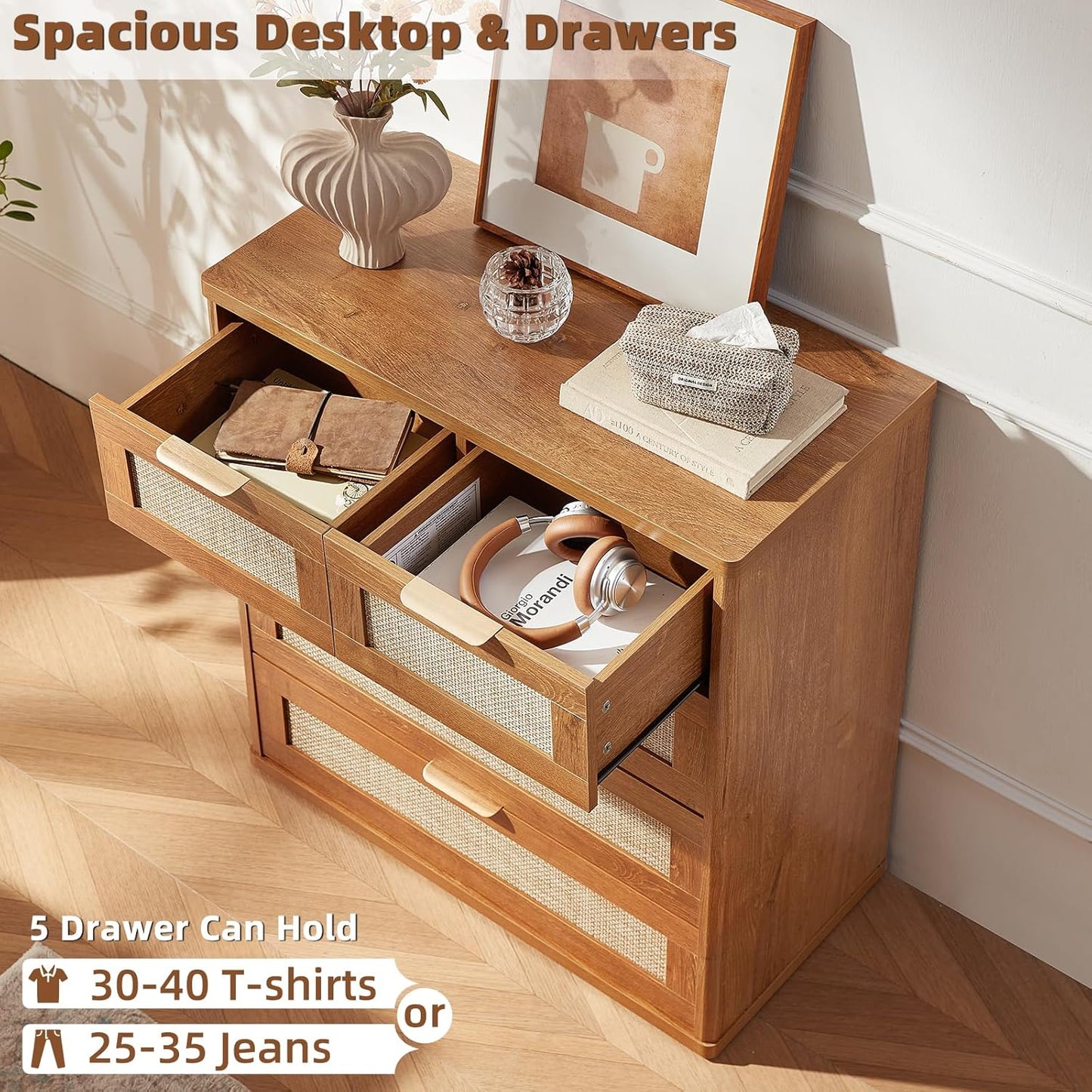 LEYAOYAO Rattan Dresser for Bedroom, 33.5" Tall Chest of Drawers, Modern 5 Drawers Boho Dressers