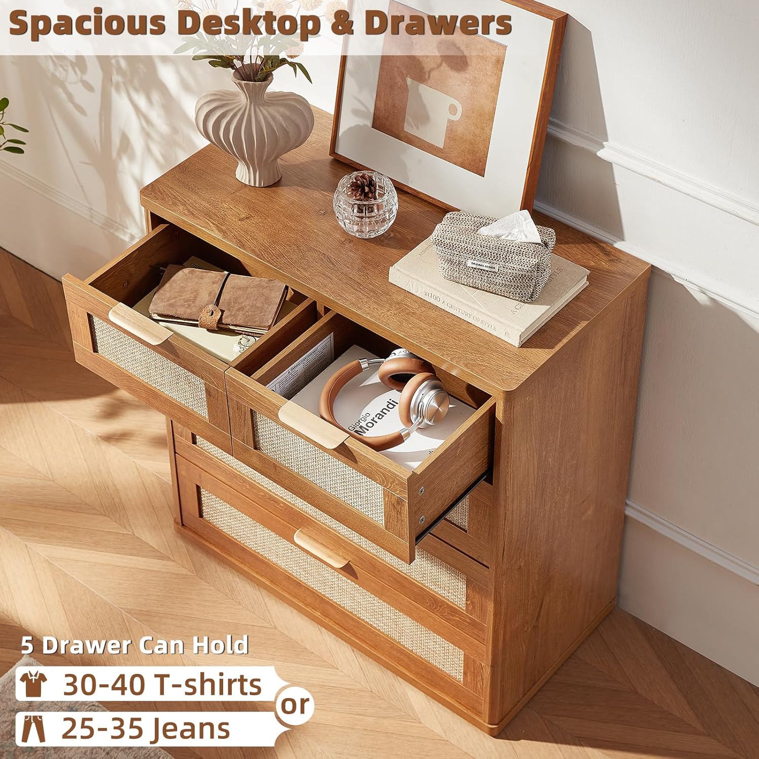 LEYAOYAO Rattan Dresser for Bedroom, 33.5" Tall Chest of Drawers, Modern 5 Drawers Boho Dressers