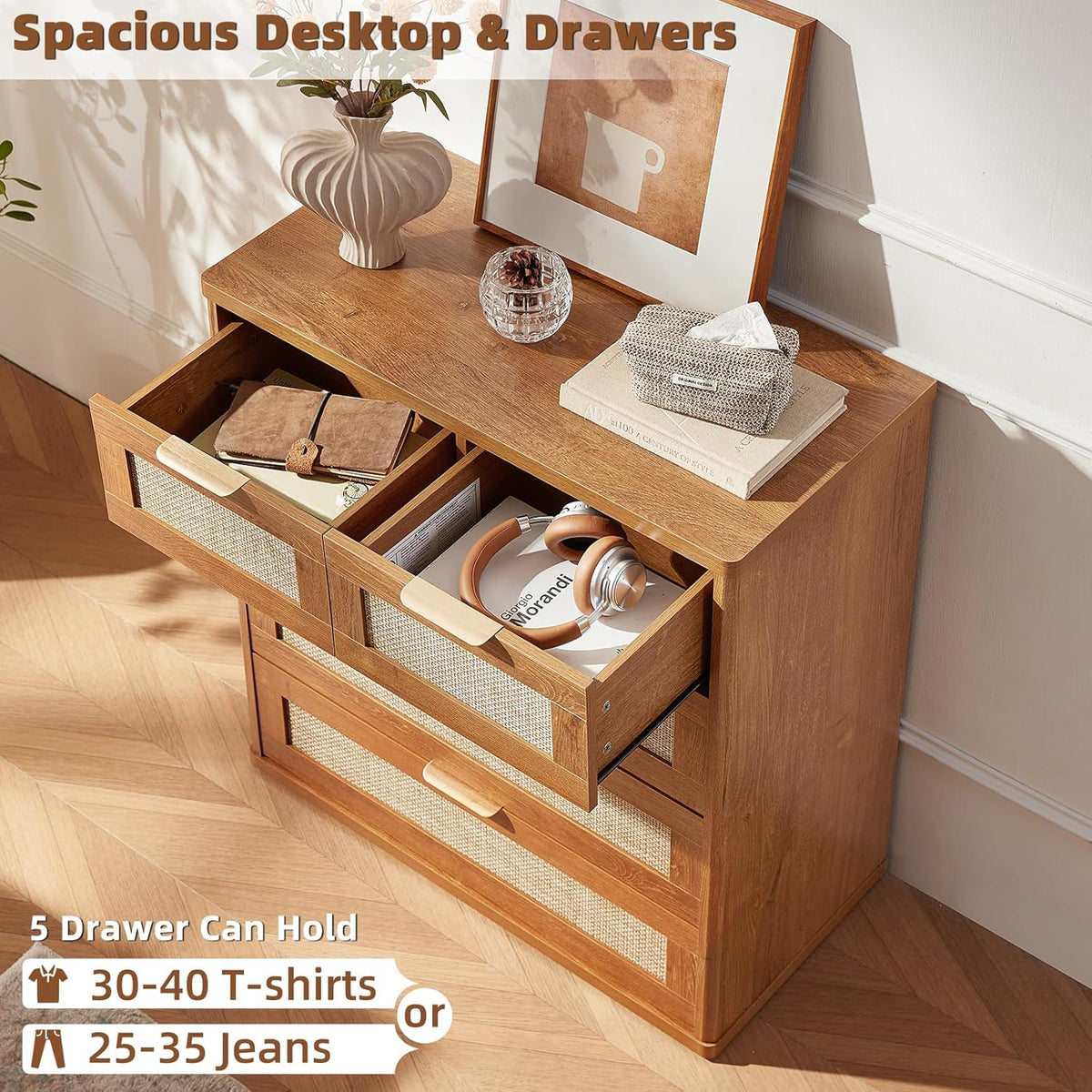 LEYAOYAO Rattan Dresser for Bedroom Set of 2, 33.5" Tall Chest of Drawers, Modern 5 Drawers Boho