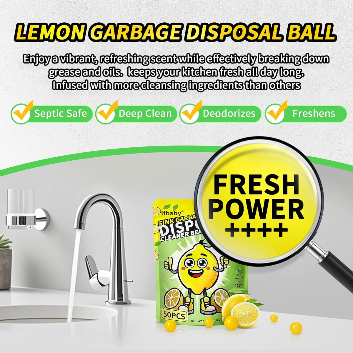 50 Count Garbage Disposal Cleaner and Deodorizer – Sink Odor Eliminator, New Powerful XL Sink Drain
