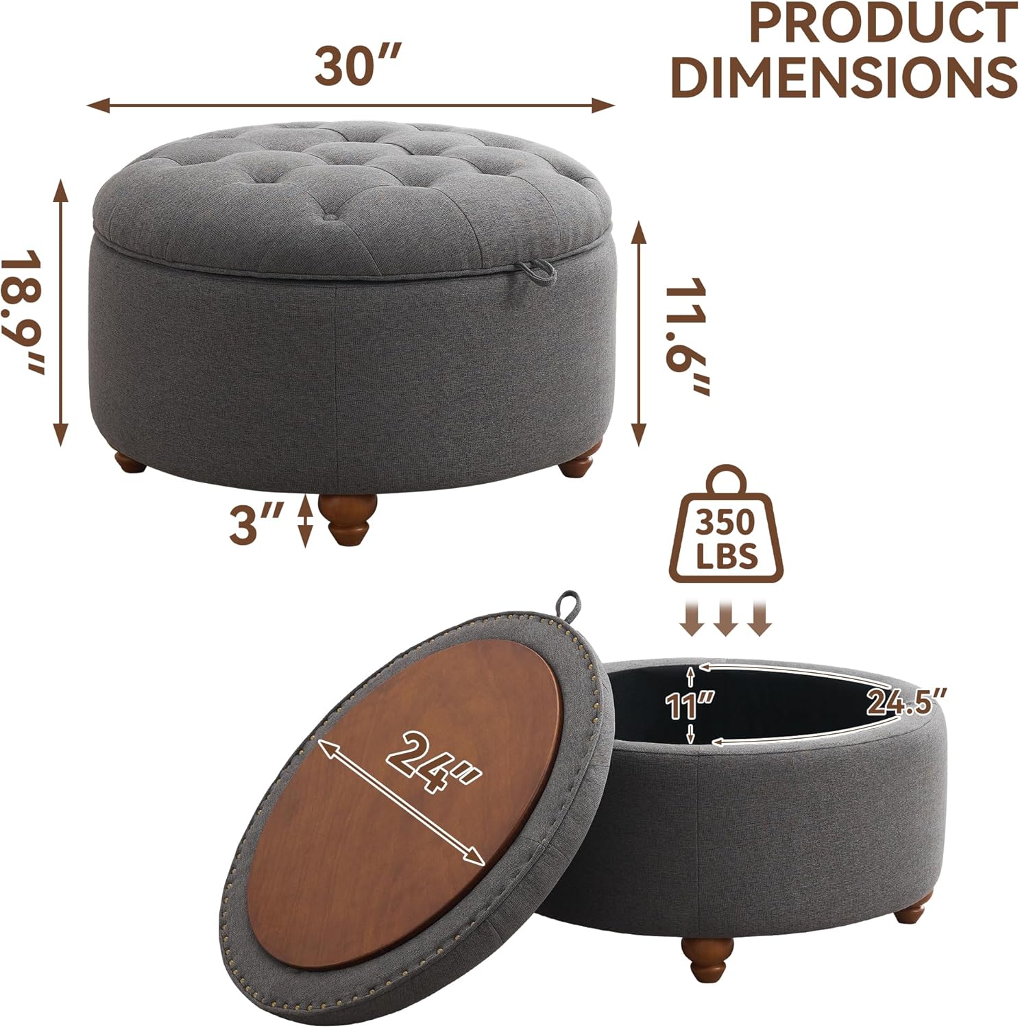 30Inch Round Storage Ottoman with Tray, Modern Tufted Fabric Circle Coffee Table with Storage