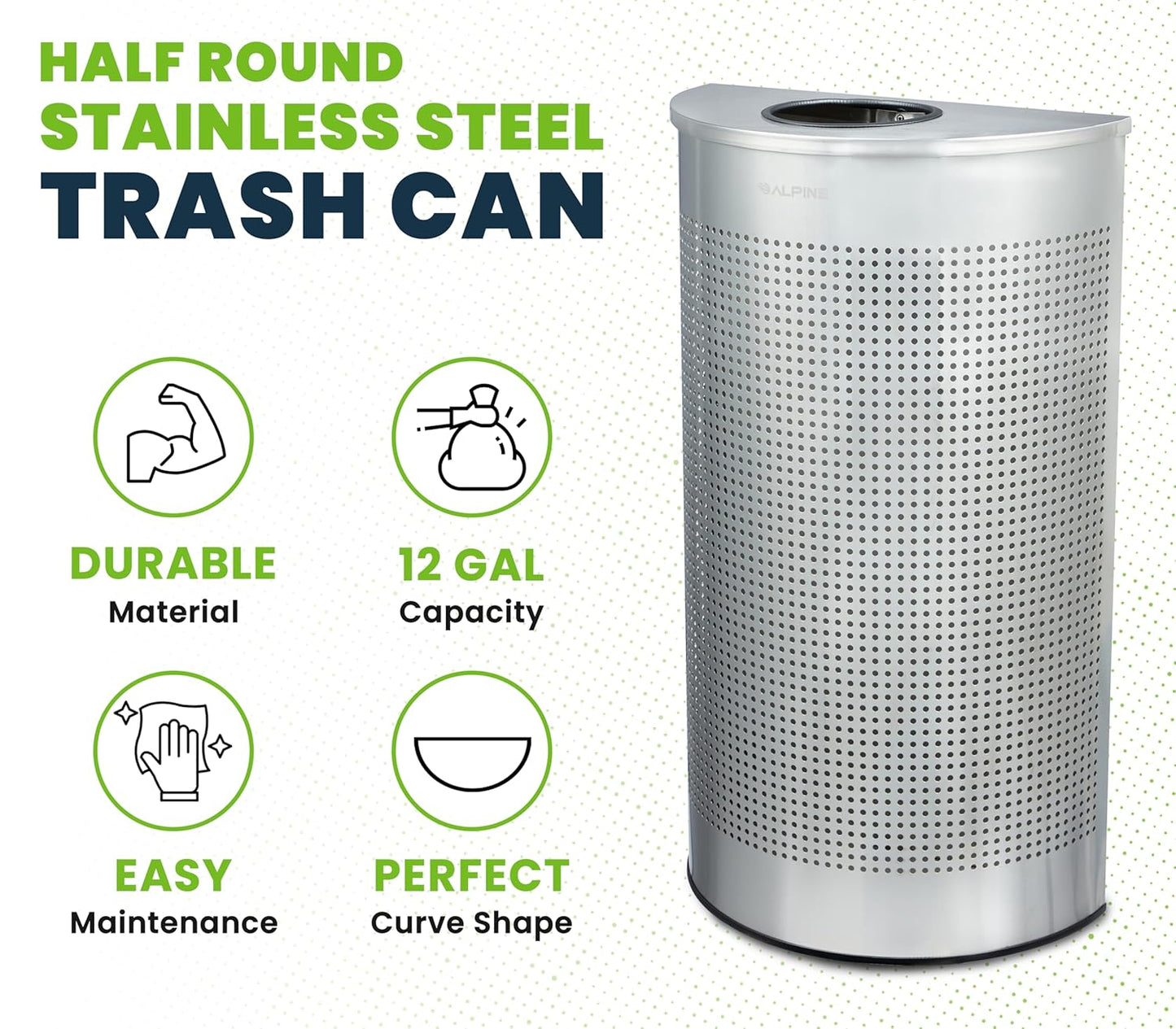 Alpine Half Round Trash Can Open Top - Modern 12 Gallon Stainless Steel Space Saving Indoor