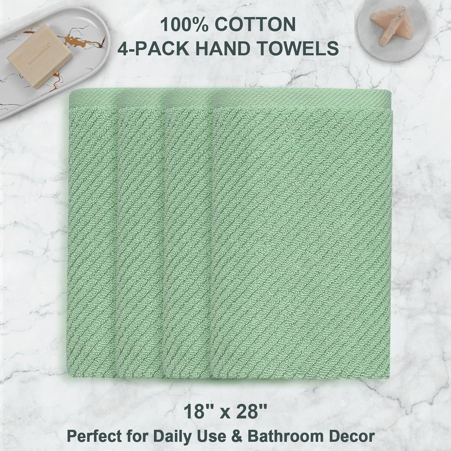 VOOVA & MOVAS Hand Towels for Bathroom Set of 4, Large 18" x 28", 100% Cotton | Lightweight | Thick