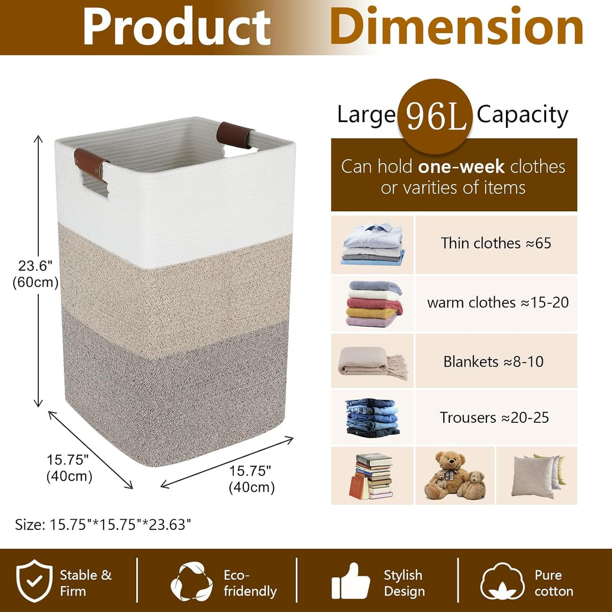 Laundry Hamper 96L Extra Large Laundry Basket, Woven Blanket Basket, Cotton Woven Storage Hamper