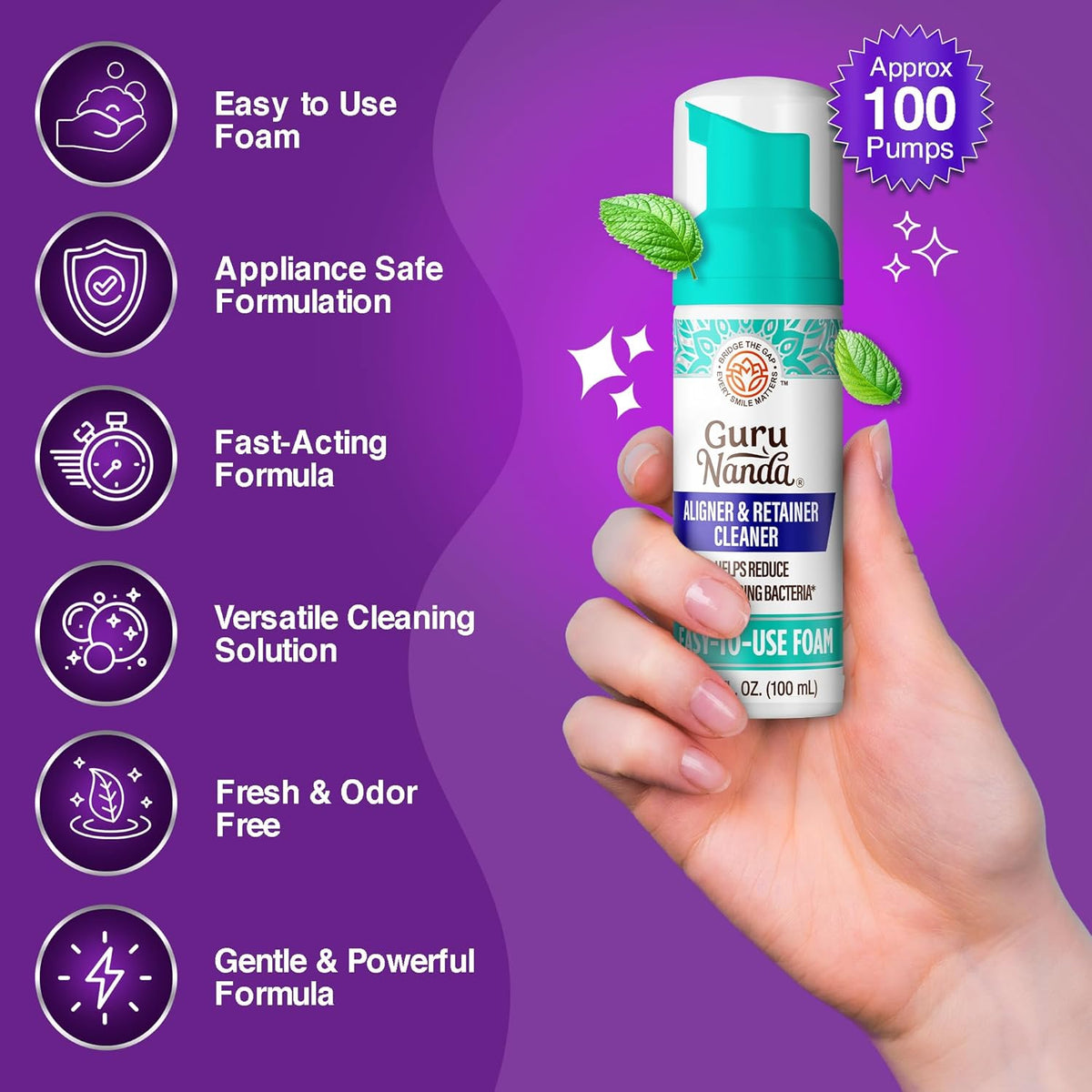 GuruNanda Aligner & Retainer Cleaner Foam – Gentle Cleaning for Aligners, Retainers, Veneers &