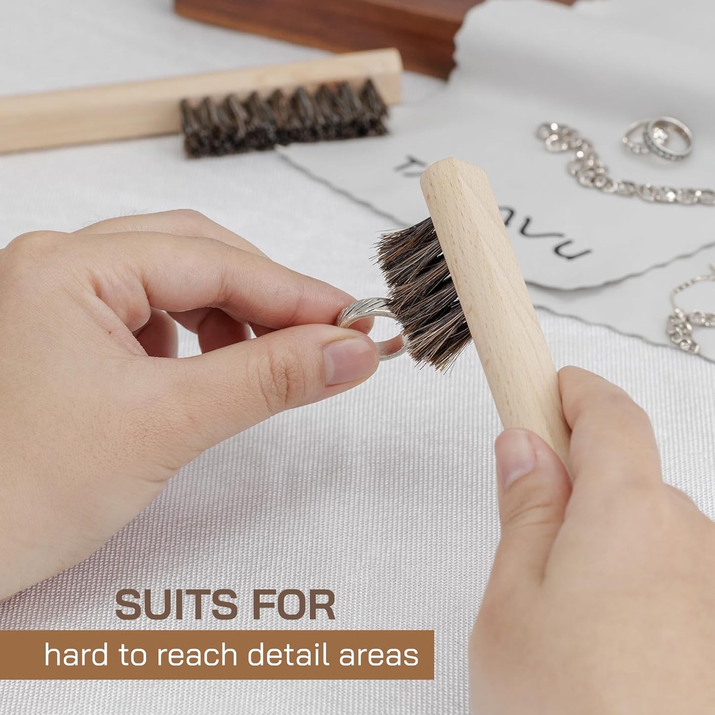 TAKAVU Horsehair Detail Brush Set, Silver Cleaning Brushes & Polish Cloth for Silverware Plateware