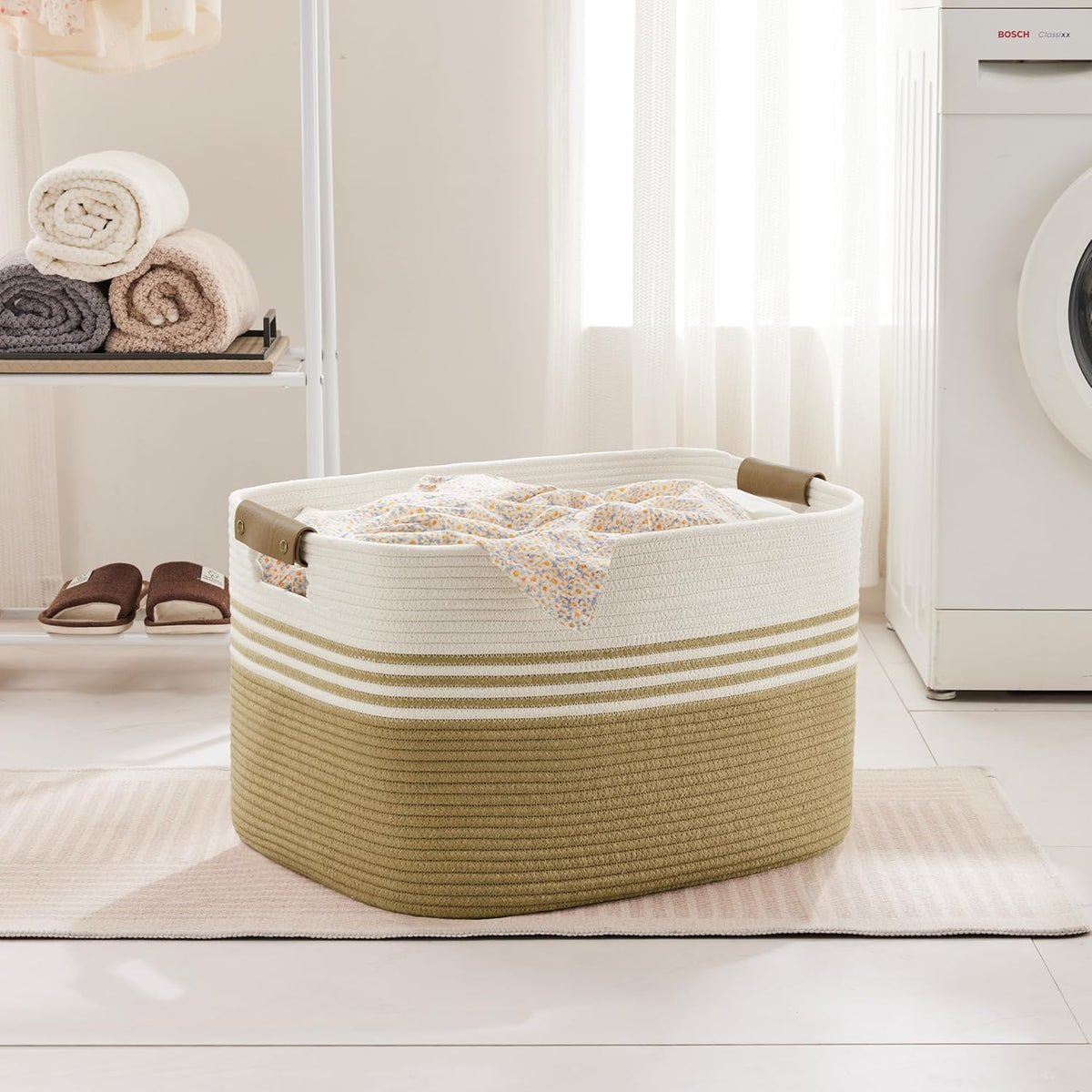 86L Extra Large Laundry Basket with Leather Handles for Living Room Storage, Woven Rope Baskets for