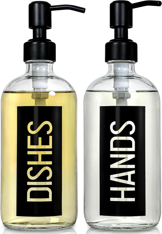 JASAI 2Pack 18OZ Glass Soap Dispenser, Black Stainless Steel Pump, Kitchen Dispenser with Classy