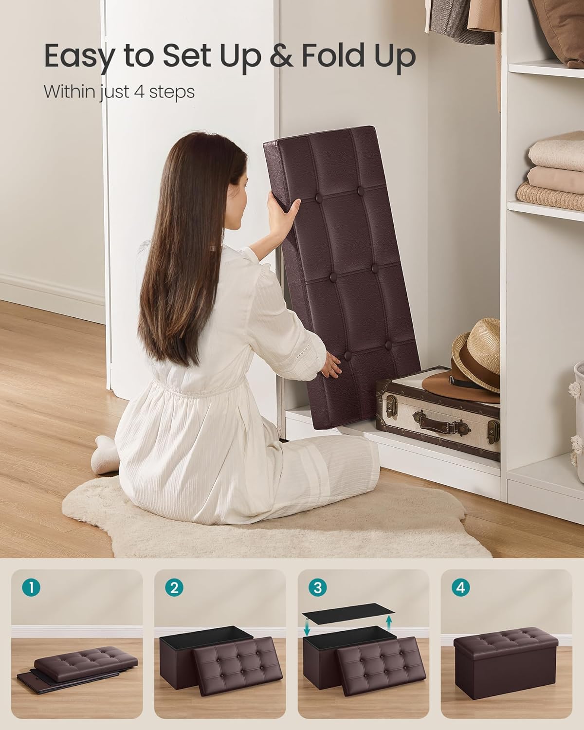 SONGMICS MAZIE Collection - 30 Inches Folding Storage Ottoman Bench, Ottoman with Storage, Foot