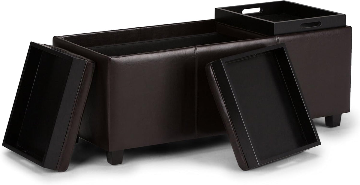 SIMPLIHOME Avalon 42 inch Wide Contemporary Rectangle Storage Ottoman in Tanners Brown Vegan Faux