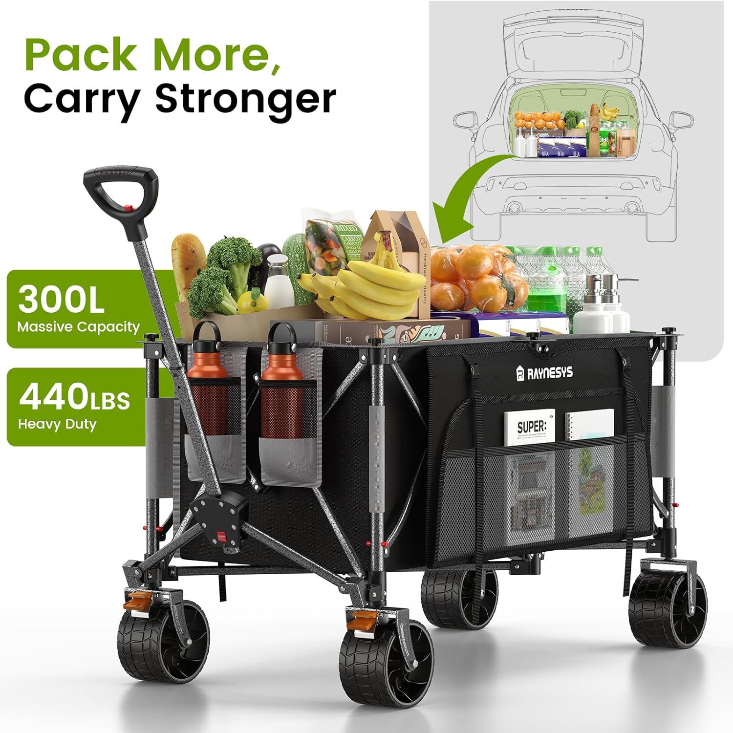 300L Collapsible Wagons Cart with Wheels Foldable, 440lbs Heavy Duty Folding Wagon, Upgraded
