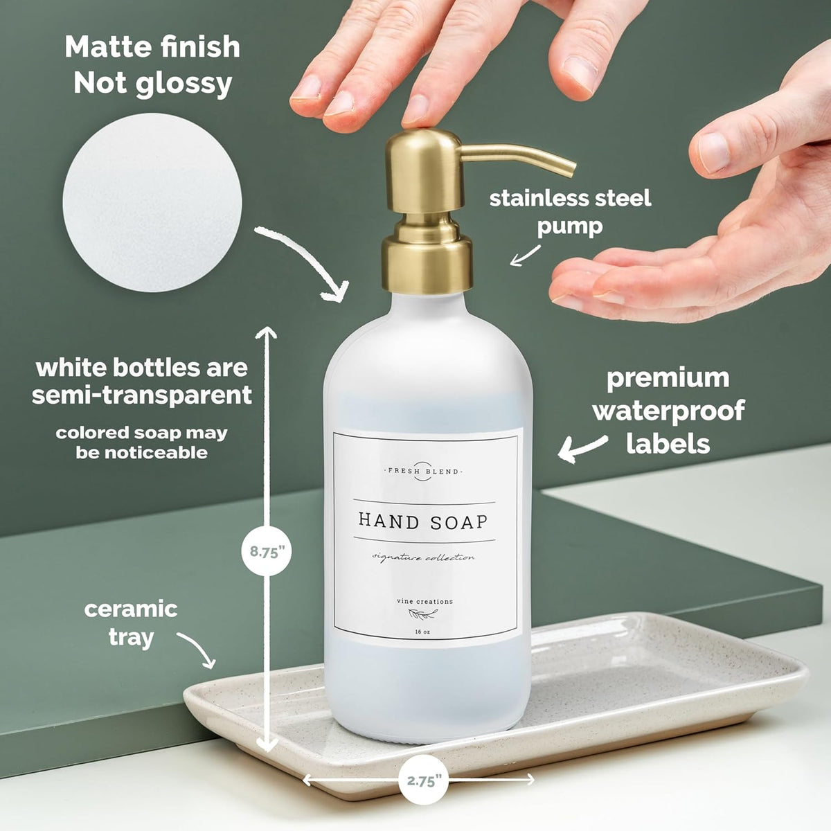 Vine Creations Glass Soap Dispenser, 2 Pack Kitchen Soap Dispenser Set with Ceramic Tray, Stainless