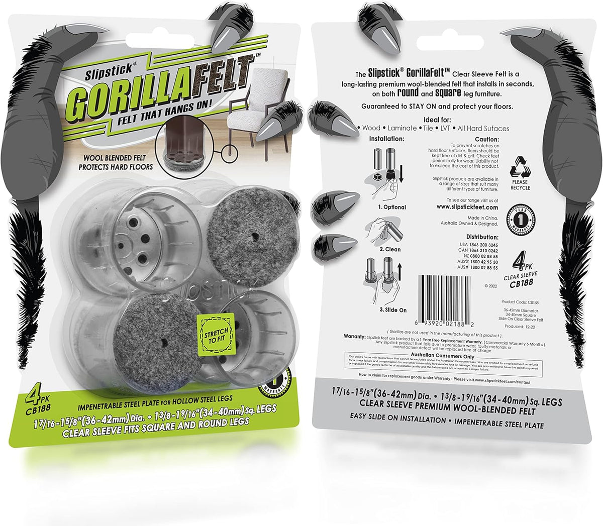 Slipstick GorillaFelt Chair Leg Floor Protectors for Hardwood Floors, Clear Sleeve Felt Pads for