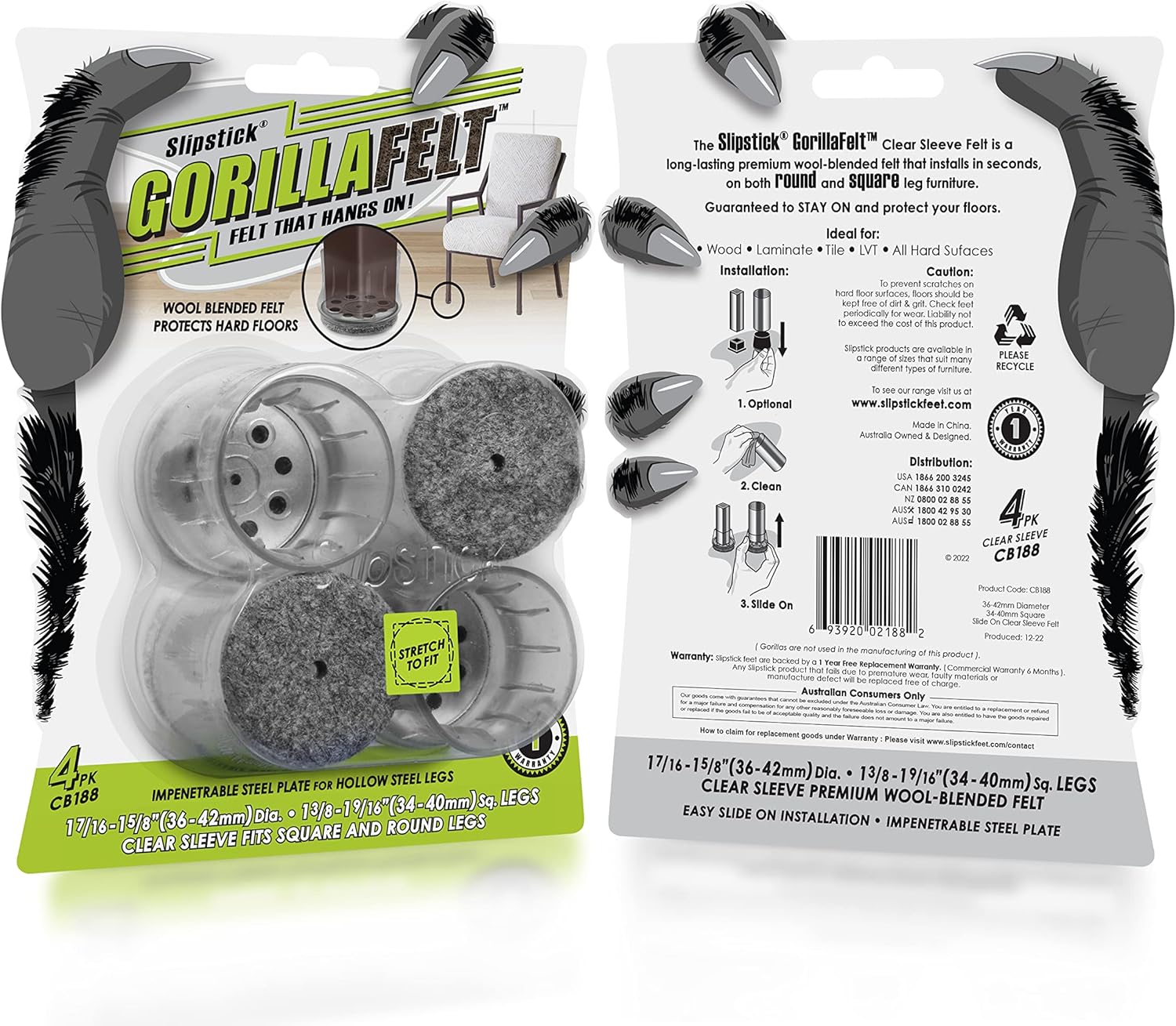 Slipstick GorillaFelt Chair Leg Floor Protectors for Hardwood Floors, Clear Sleeve Felt Pads for