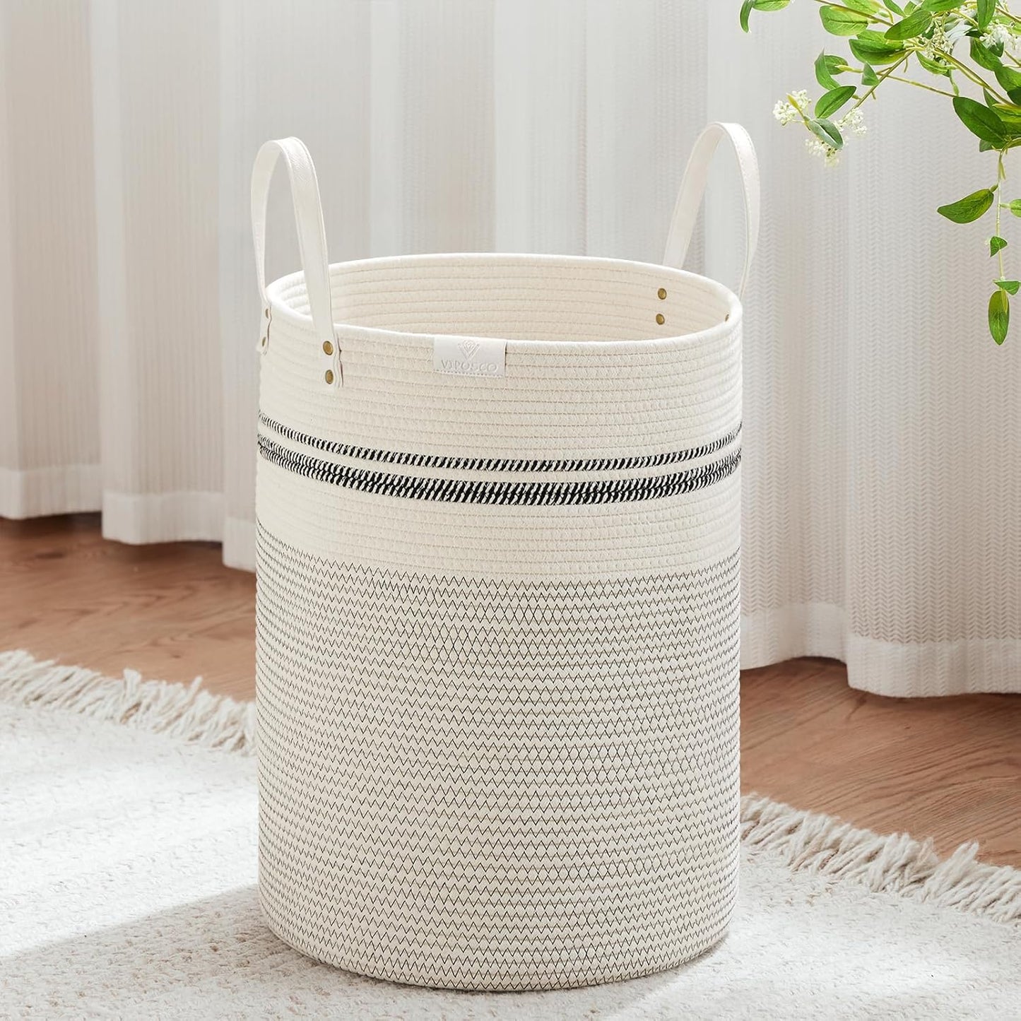 VIPOSCO Tall Laundry Basket, Large Dirty Clothes Hamper with Leather Handle, Woven Rope Storage