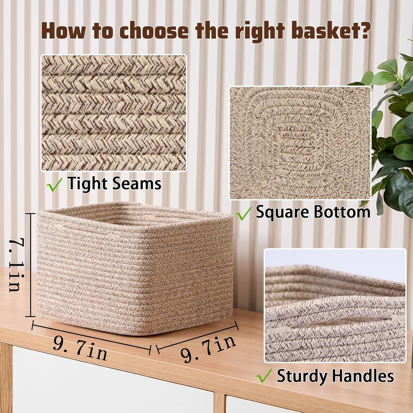 Small Organizing Baskets for Cubes Shelf, 9.7x9.7x7.1 Inch Rope Woven Storage Bins for Nursery