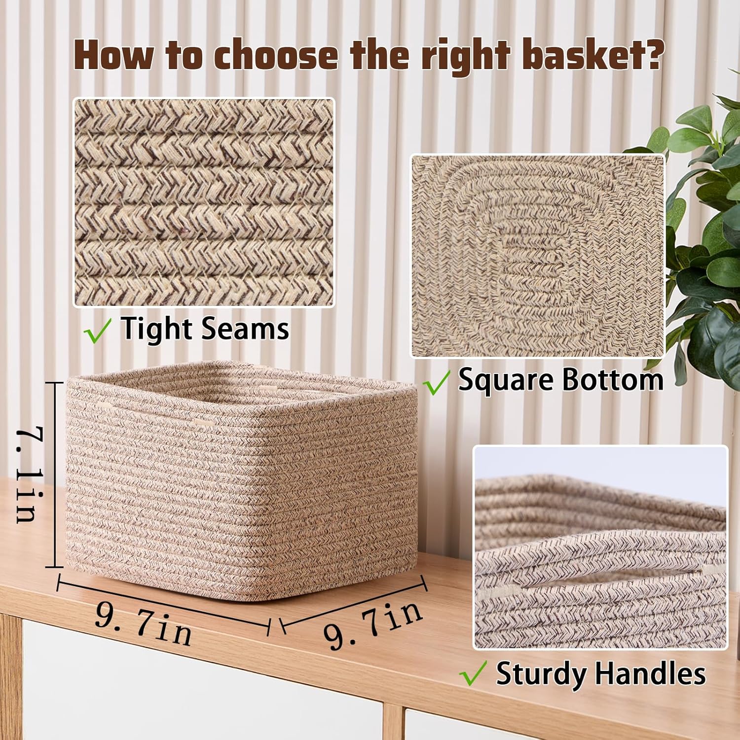 Small Organizing Baskets for Cubes Shelf, 9.7x9.7x7.1 Inch Rope Woven Storage Bins for Nursery