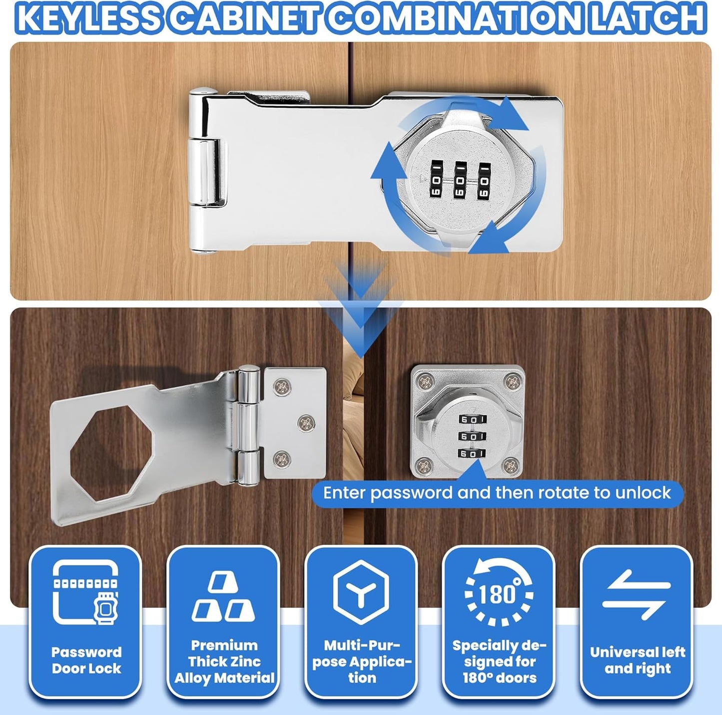 Keyless Cabinet Lock with Combination Code - 3-Digit Password Hasp Latch Lock for Drawers, Bifold