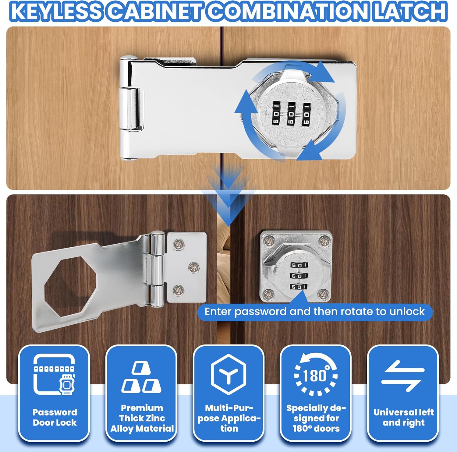 Keyless Cabinet Lock with Combination Code - 3-Digit Password Hasp Latch Lock for Drawers, Bifold