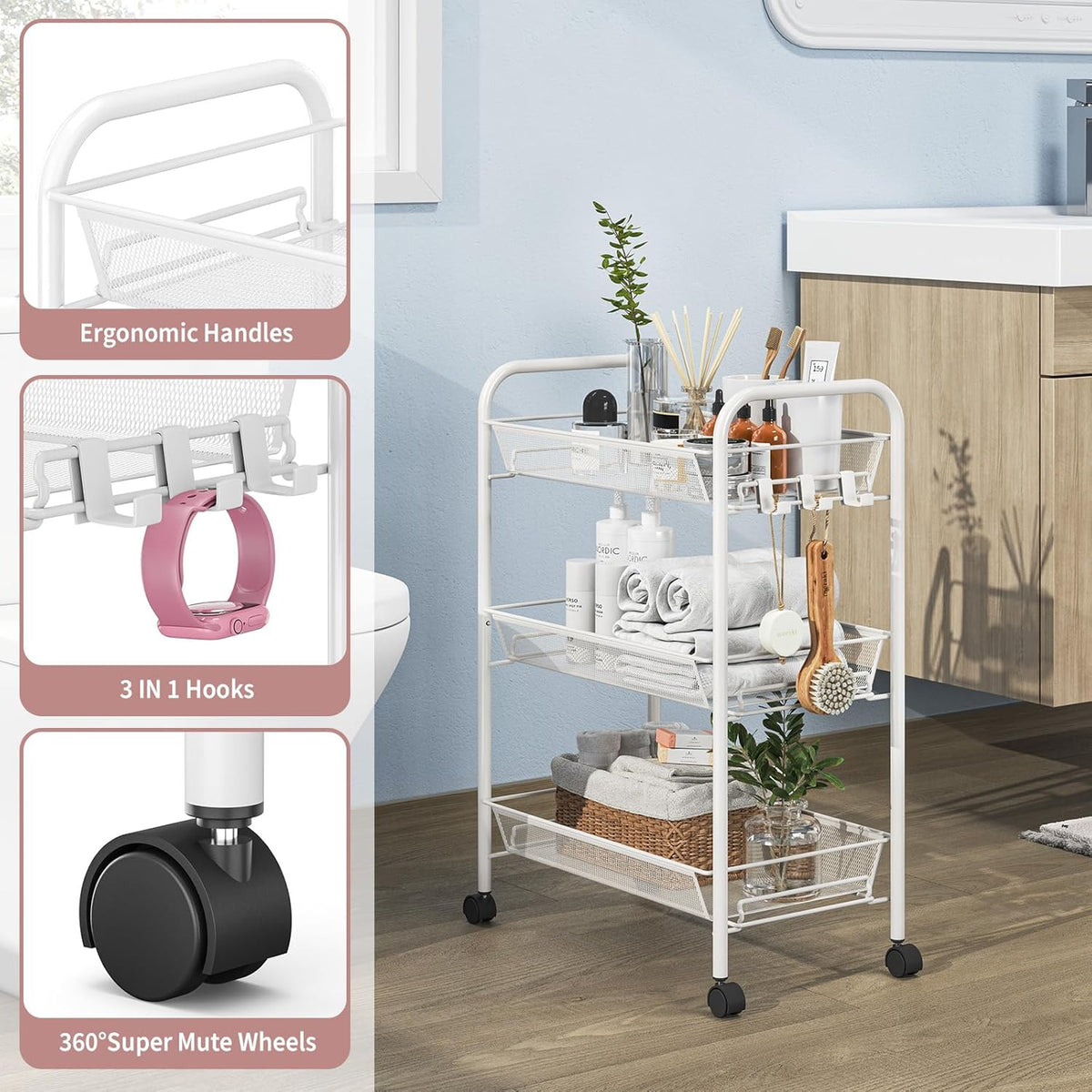 TOOLF 3-Tier Metal Rolling Cart, Mesh Wire Easy Assemble Utility Cart, Storage Trolley on Wheels