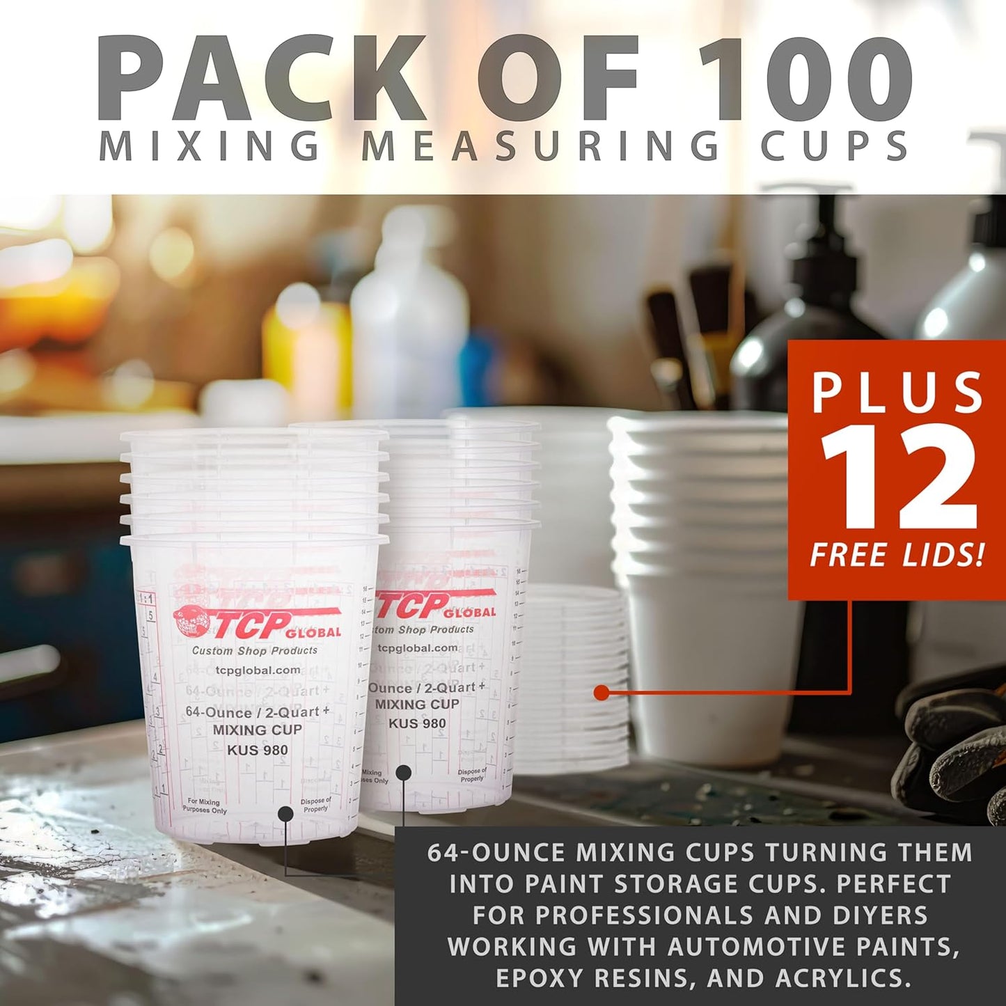 Custom Shop Paint Mixing Cups, 64-Ounce (Box of 100) - Plastic Measuring Cups for Liquids