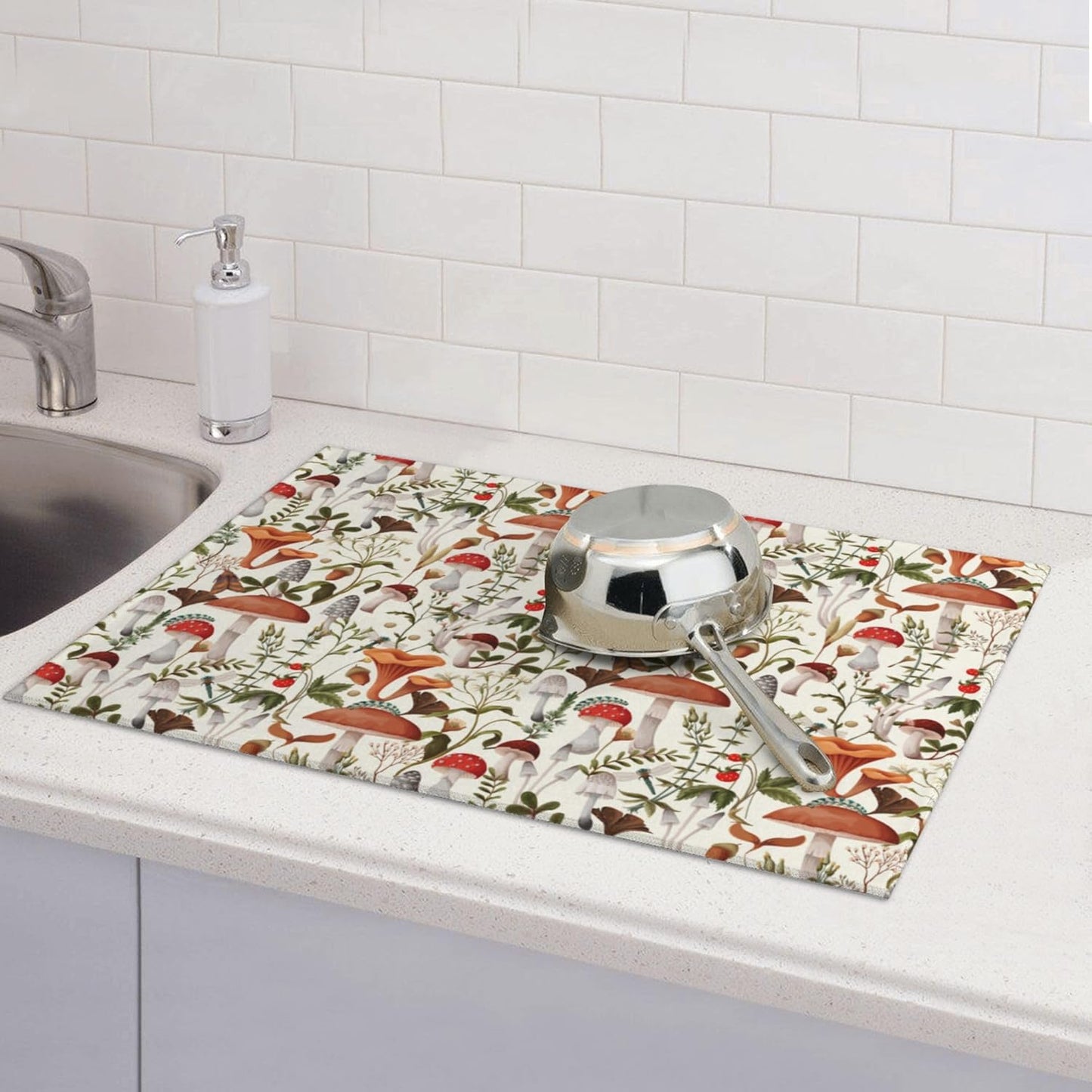 Boho Mushroom Decor Microfiber Dish Drying Mat for Kitchen Counter 18"x24" Botanic Plant Beige