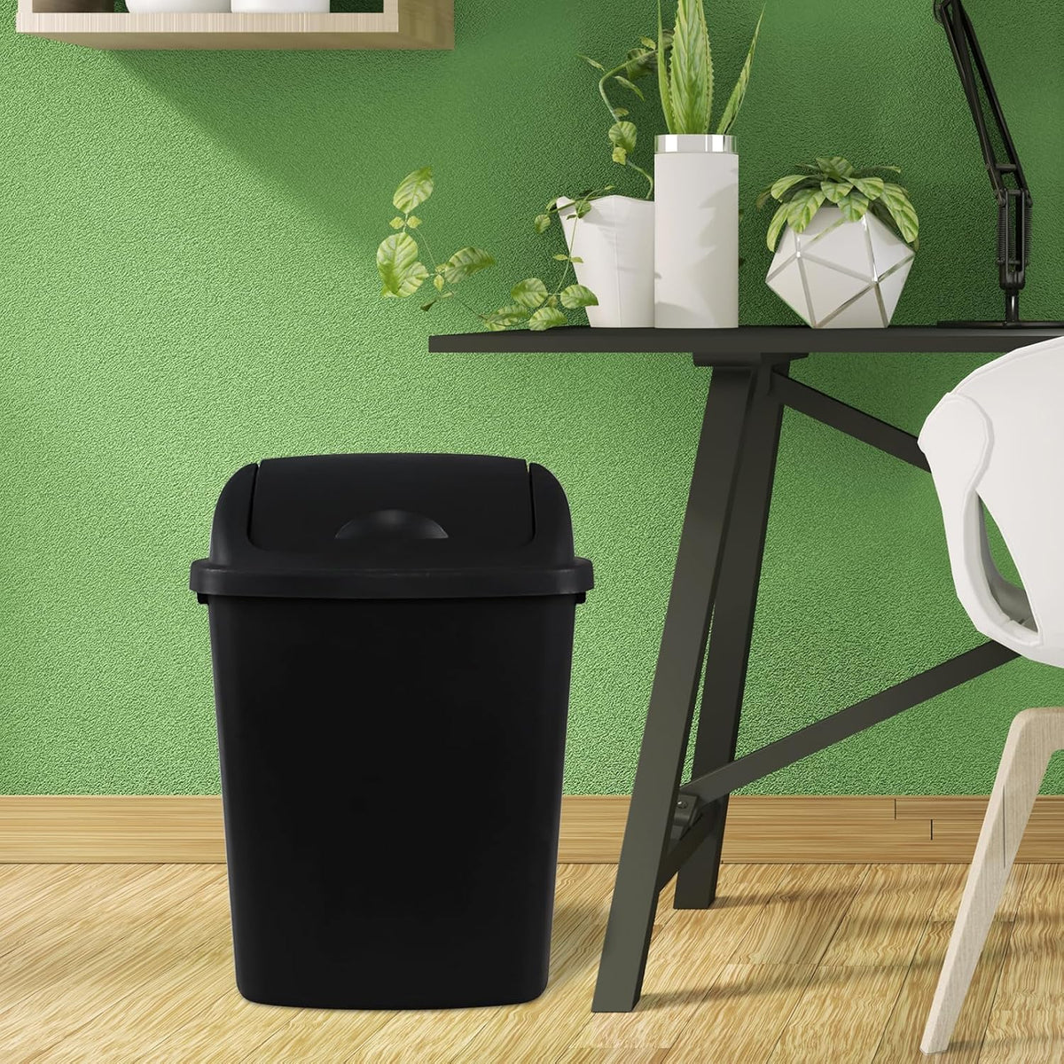 Teyyvn 6 Gallon Plastic Flip Lid Trash Can for Kitchen, Black Plastic Garbage Bin with Swing Lid