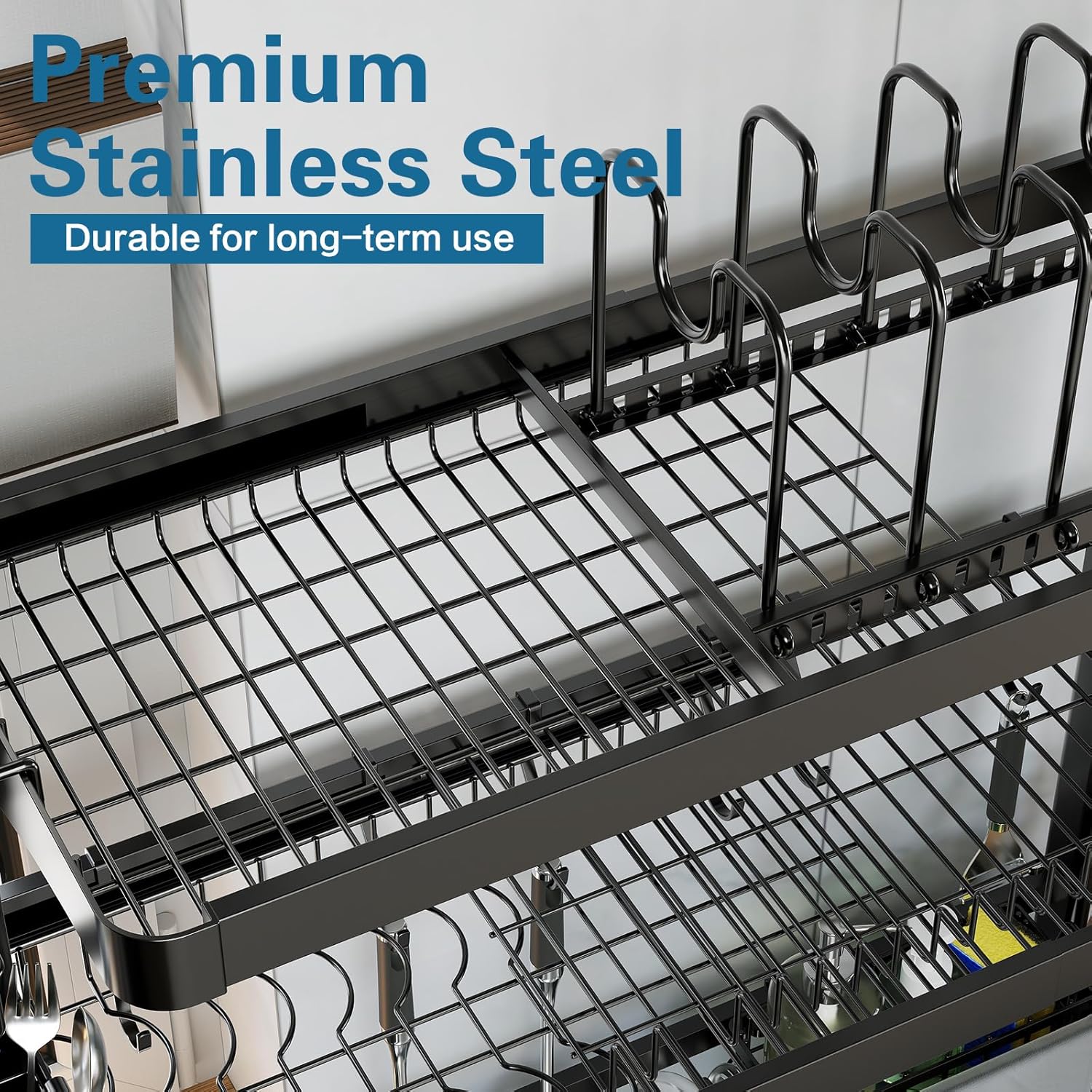 Over The Sink Dish Drying Rack,3 Tier Adjustable Length Full Stainless Steel Large Storage Kitchen